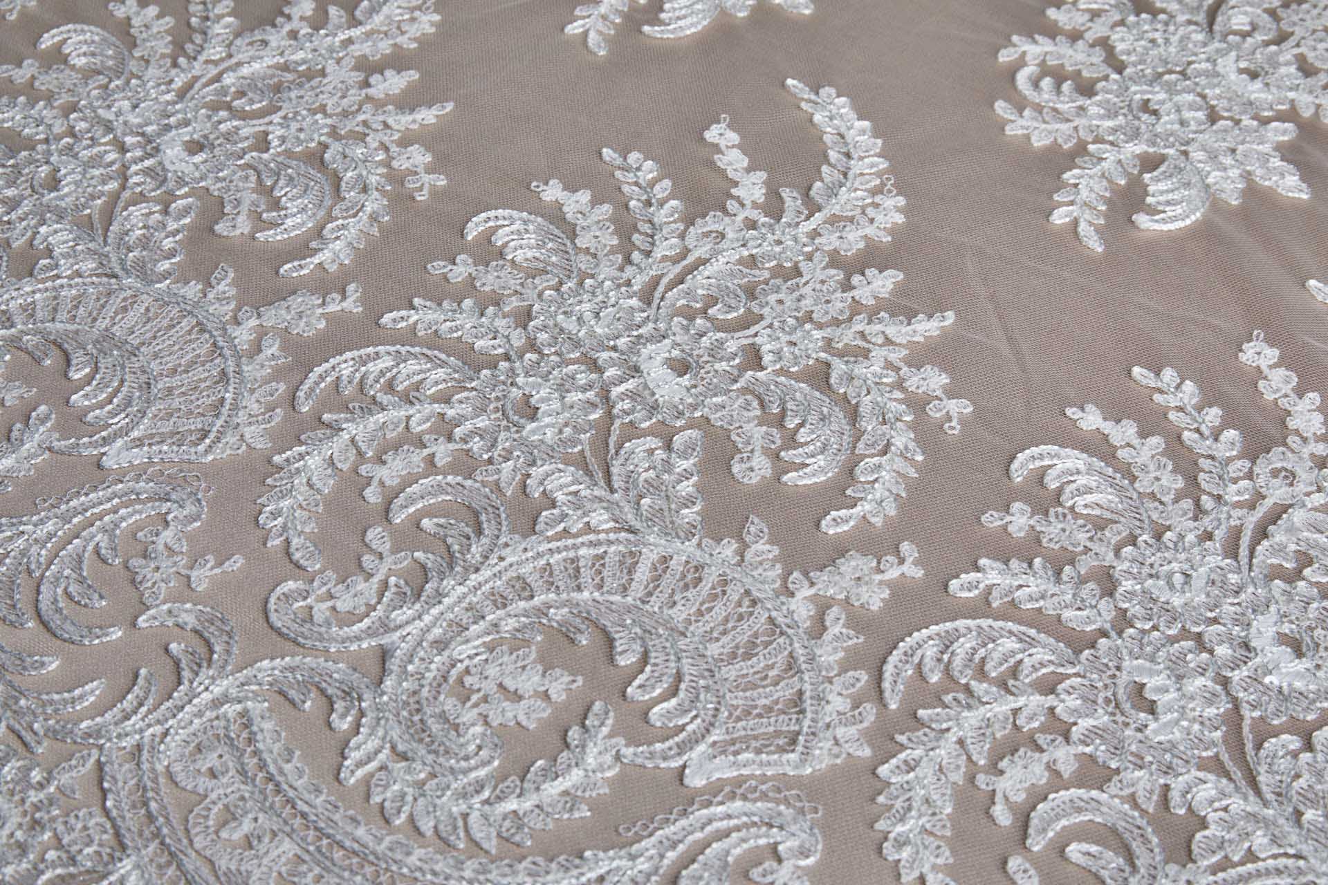 Corded Embroidered Tulle w/Sequins - Ivory - Double Scallop fabric, image 4 of 16