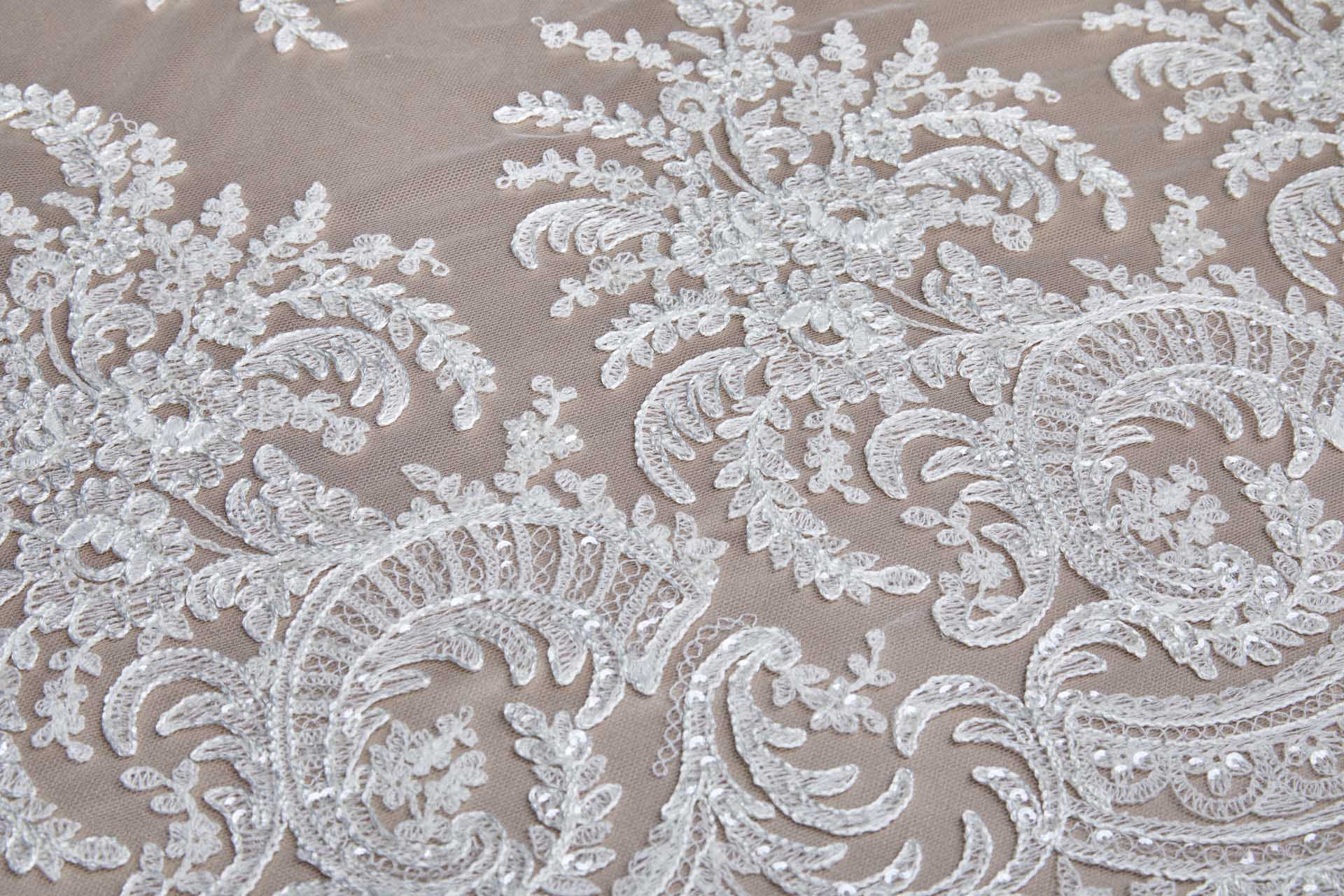 Corded Embroidered Tulle w/Sequins - Ivory - Double Scallop fabric, image 5 of 16