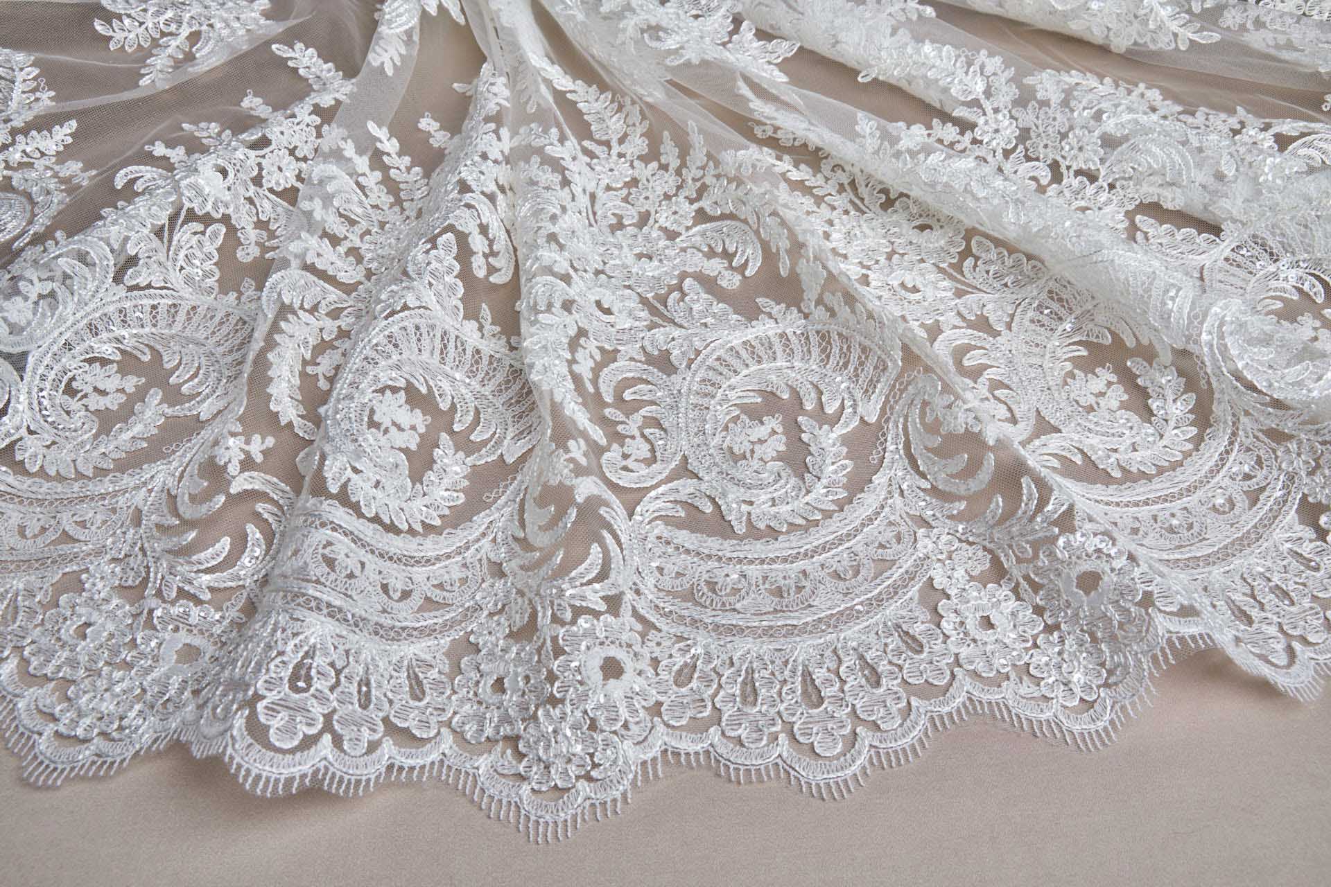 Corded Embroidered Tulle w/Sequins - Ivory - Double Scallop fabric, image 6 of 16