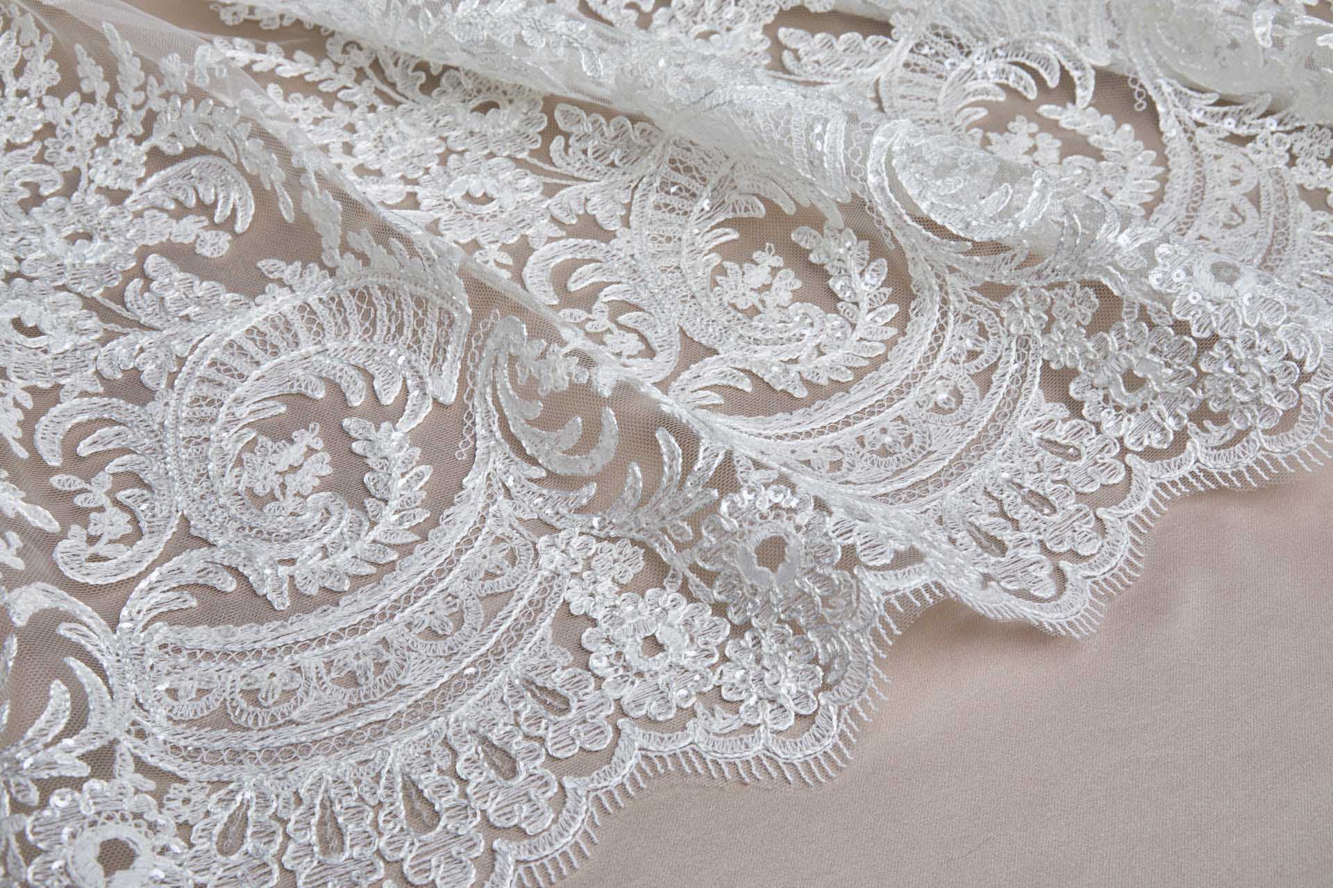 Corded Embroidered Tulle w/Sequins - Ivory - Double Scallop fabric