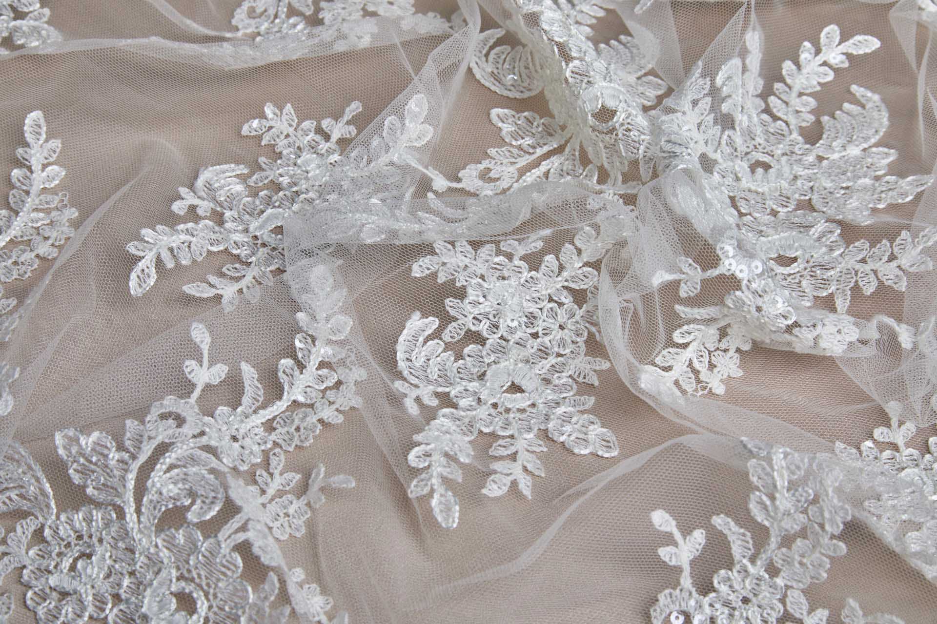 Corded Embroidered Tulle w/Sequins - Ivory - Double Scallop fabric, image 7 of 16