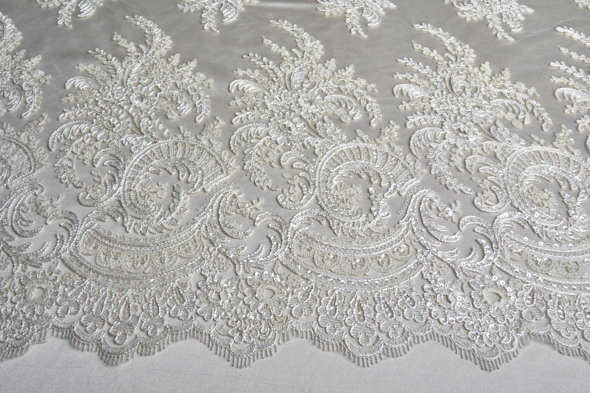 Corded Embroidered Tulle w/Sequins - Ecru - Double Scallop fabric, image 14 of 14