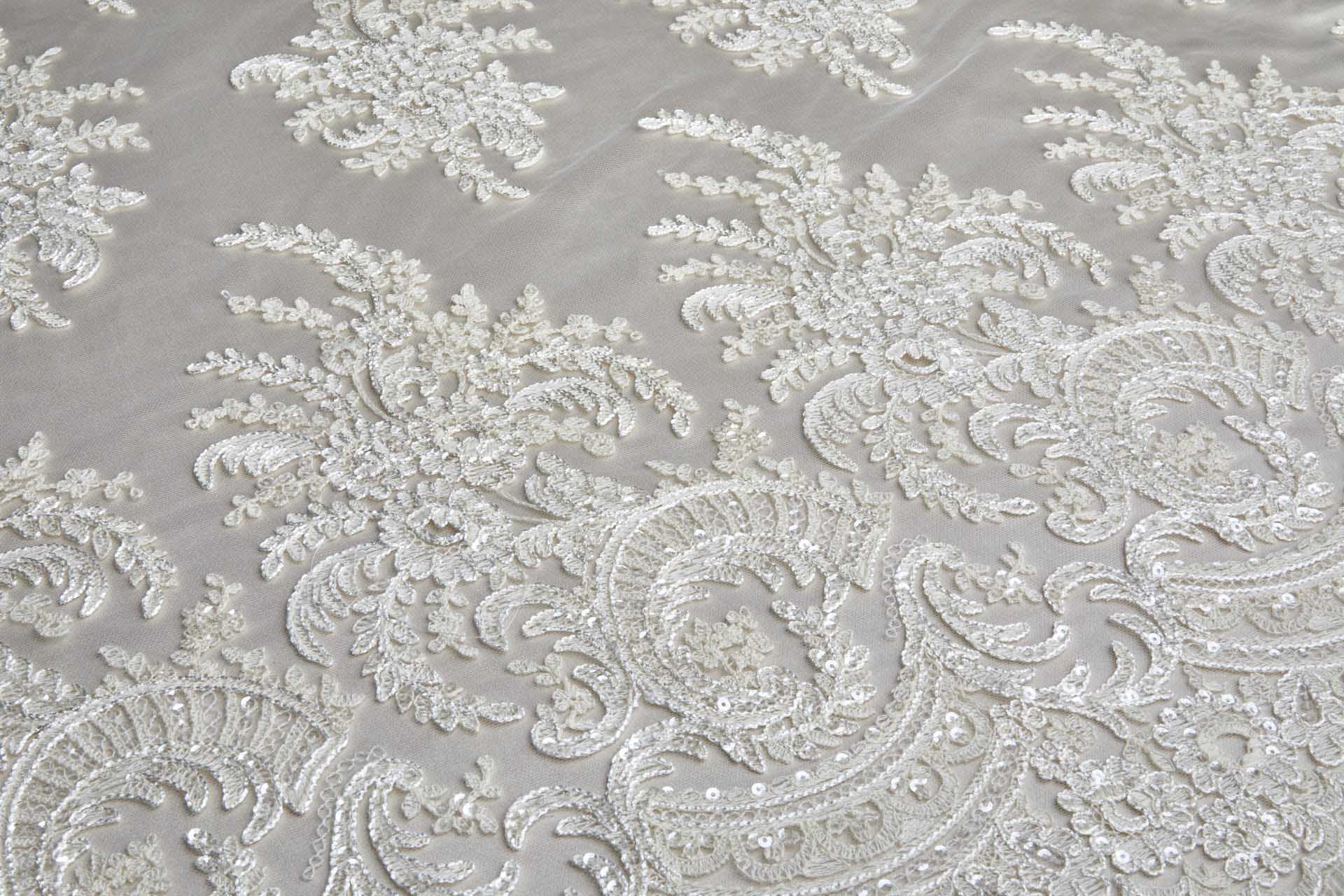 Corded Embroidered Tulle w/Sequins - Ecru - Double Scallop fabric, image 2 of 14