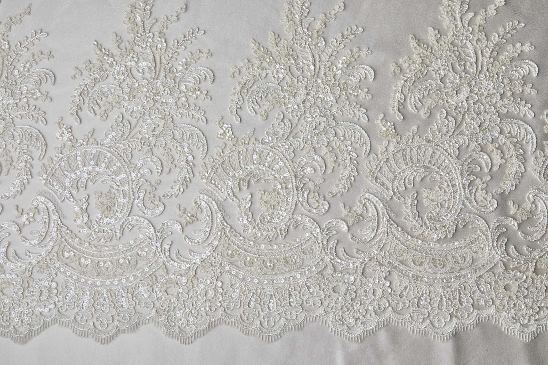 Corded Embroidered Tulle w/Sequins - Ecru - Double Scallop fabric, image 9 of 14