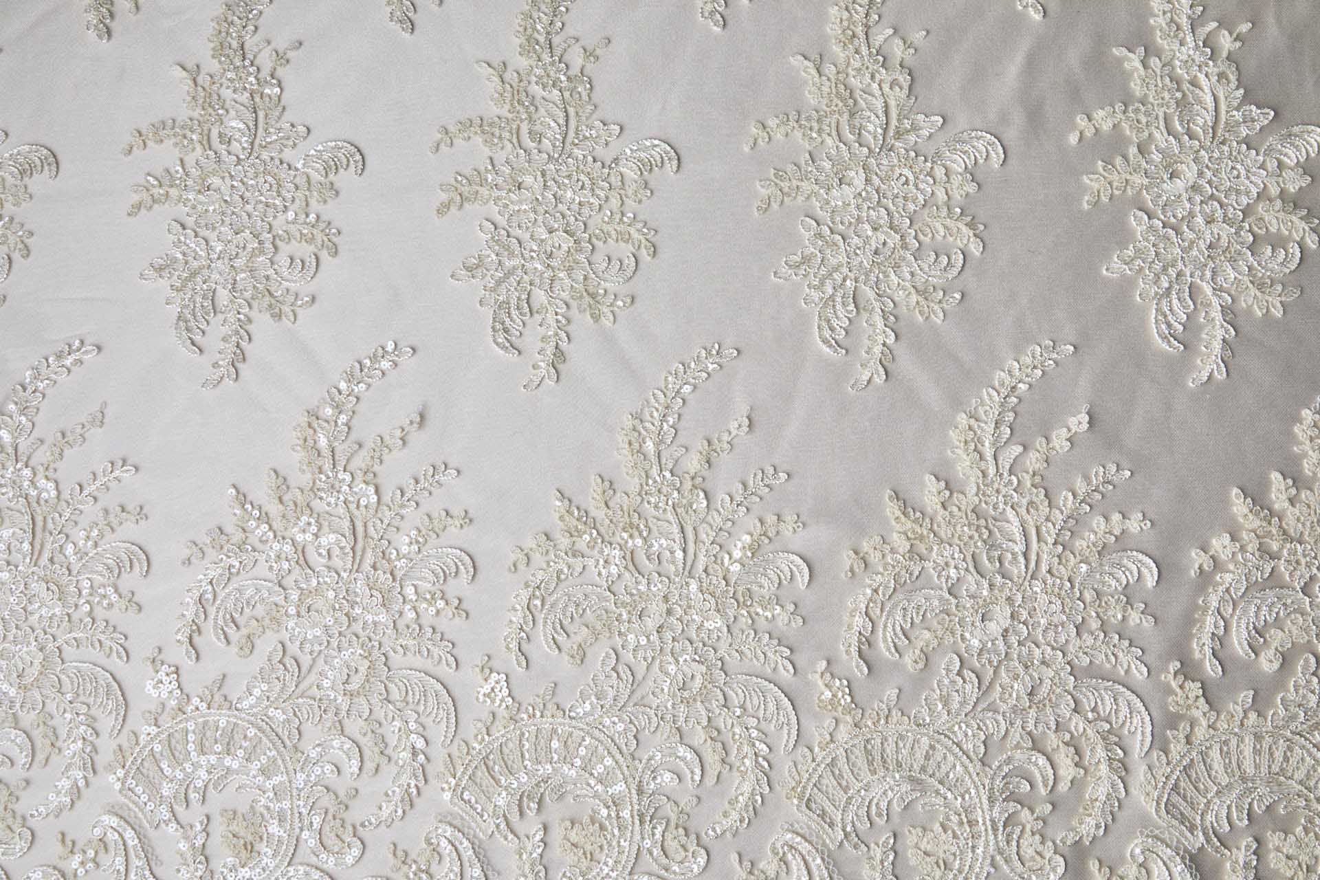 Corded Embroidered Tulle w/Sequins - Ecru - Double Scallop fabric, image 10 of 14