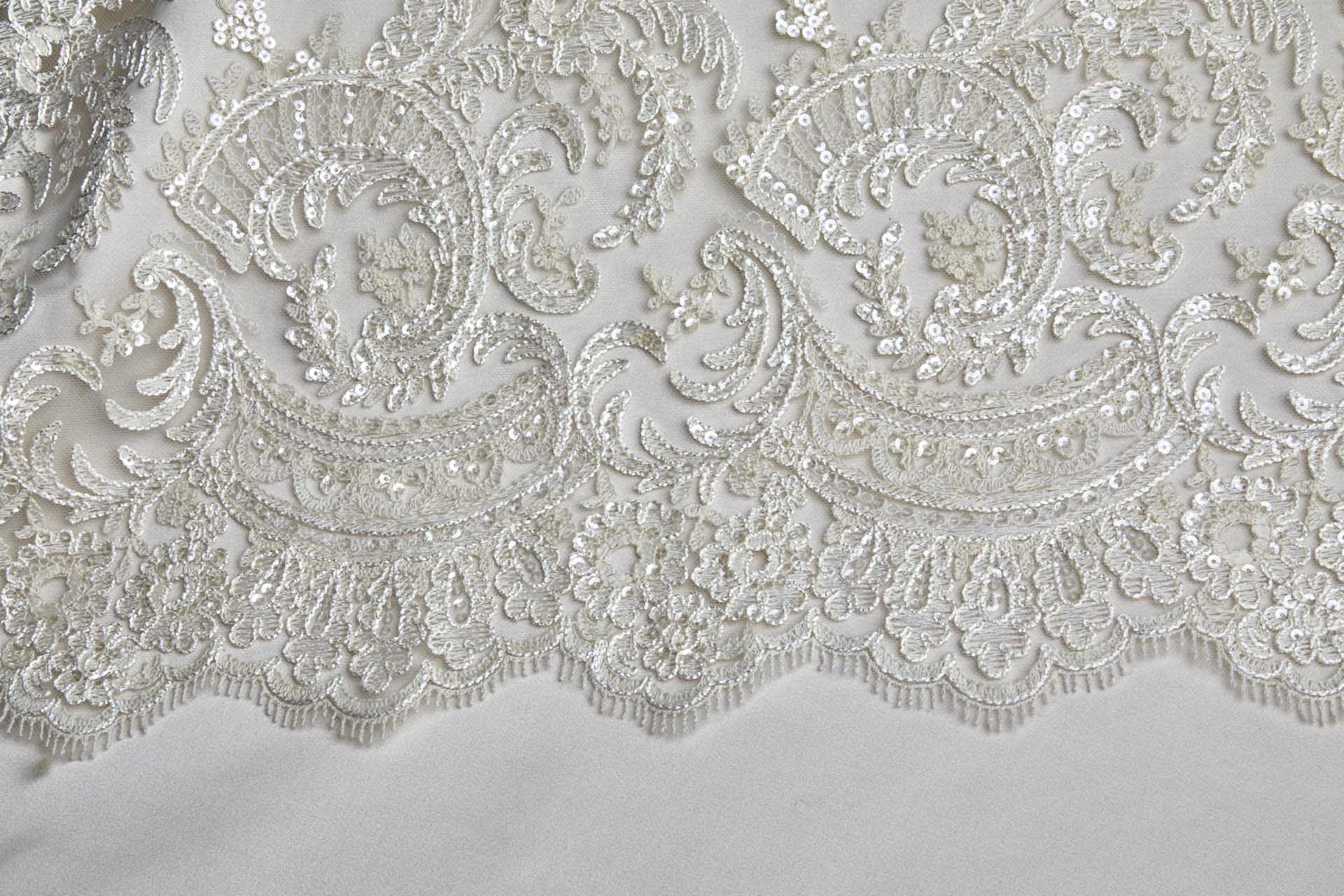 Corded Embroidered Tulle w/Sequins - Ecru - Double Scallop fabric, image 11 of 14