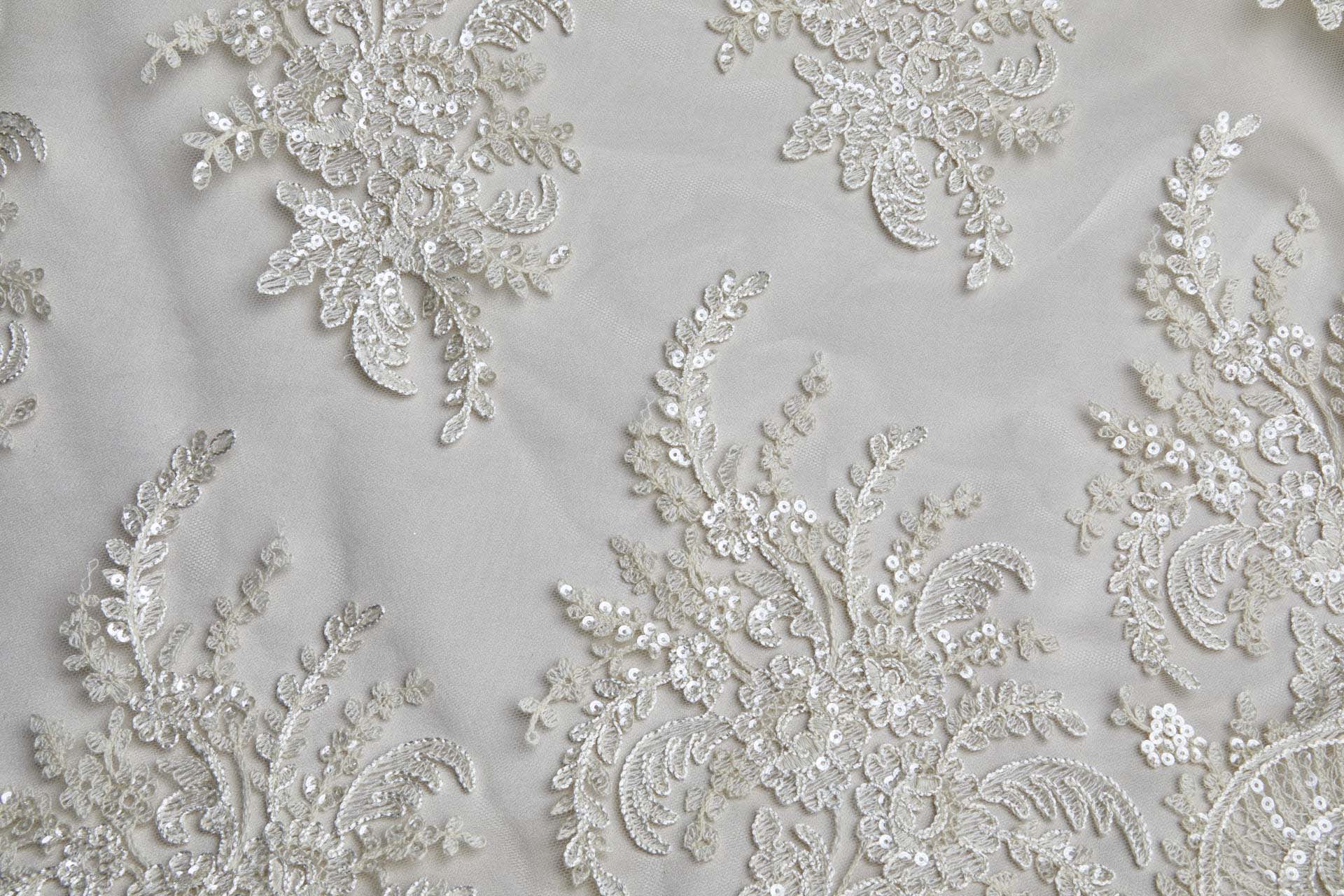 Corded Embroidered Tulle w/Sequins - Ecru - Double Scallop fabric, image 12 of 14