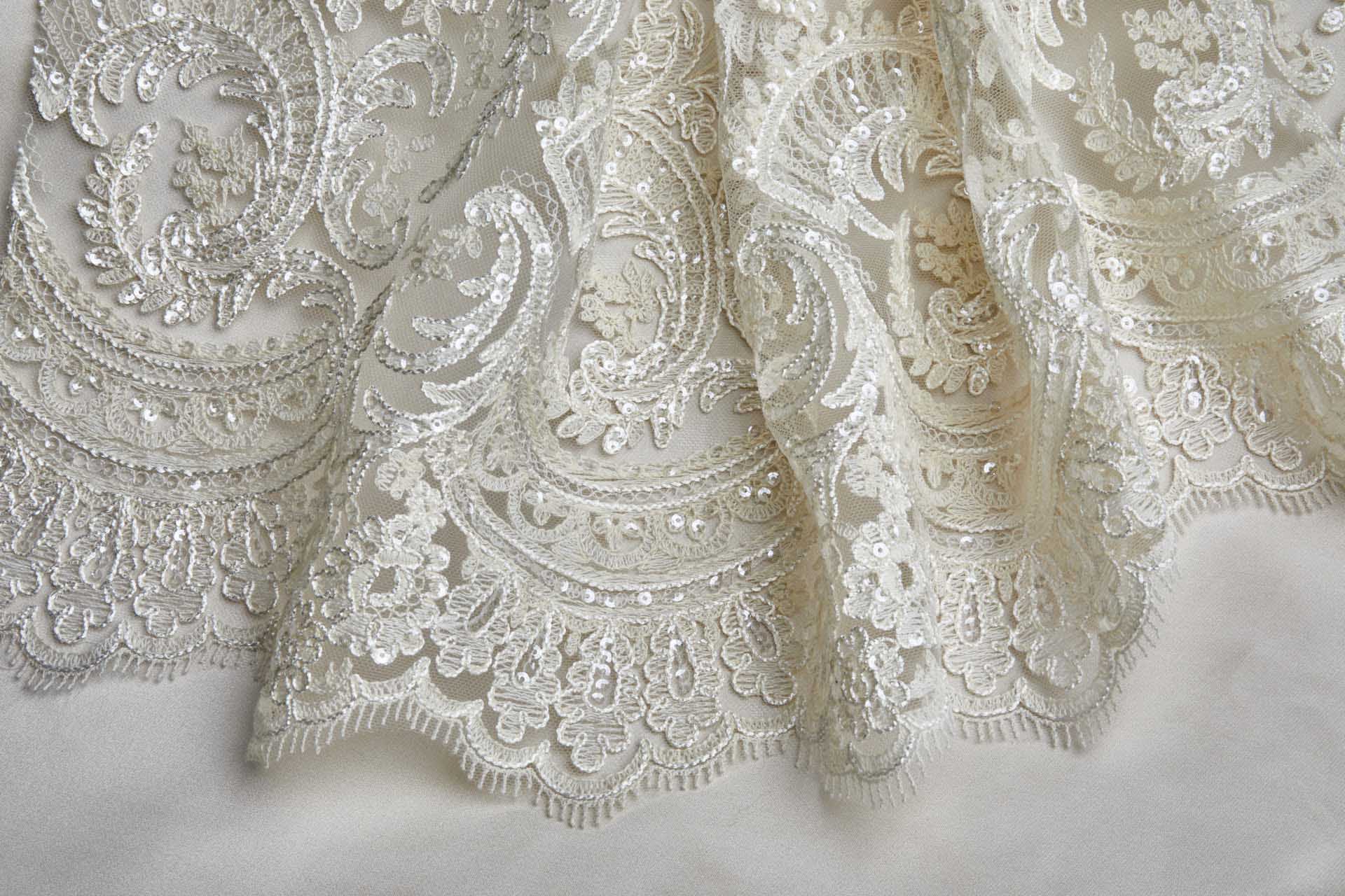 Corded Embroidered Tulle w/Sequins - Ecru - Double Scallop fabric, image 13 of 14