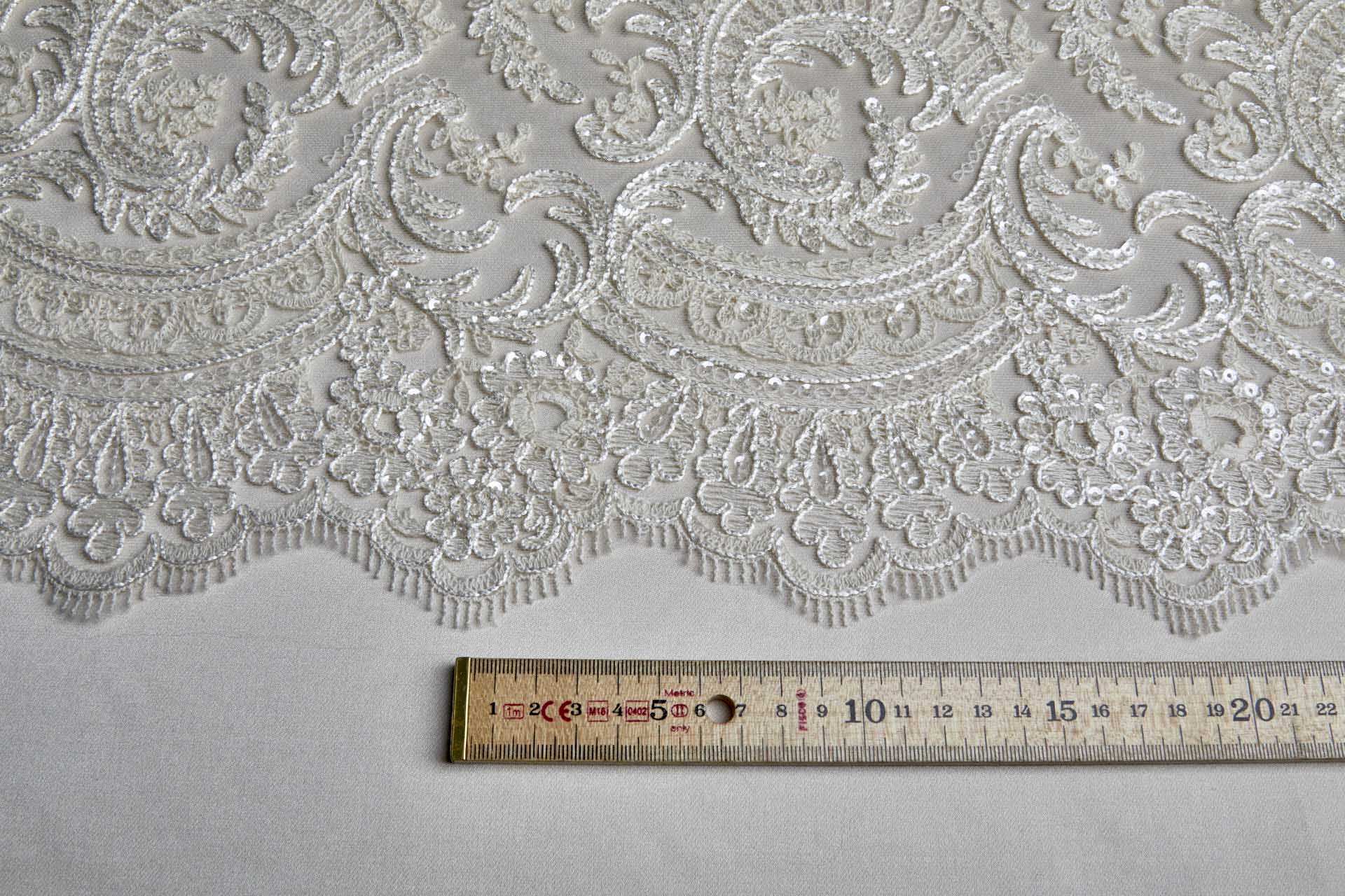 Corded Embroidered Tulle w/Sequins - Ecru - Double Scallop fabric, image 3 of 14