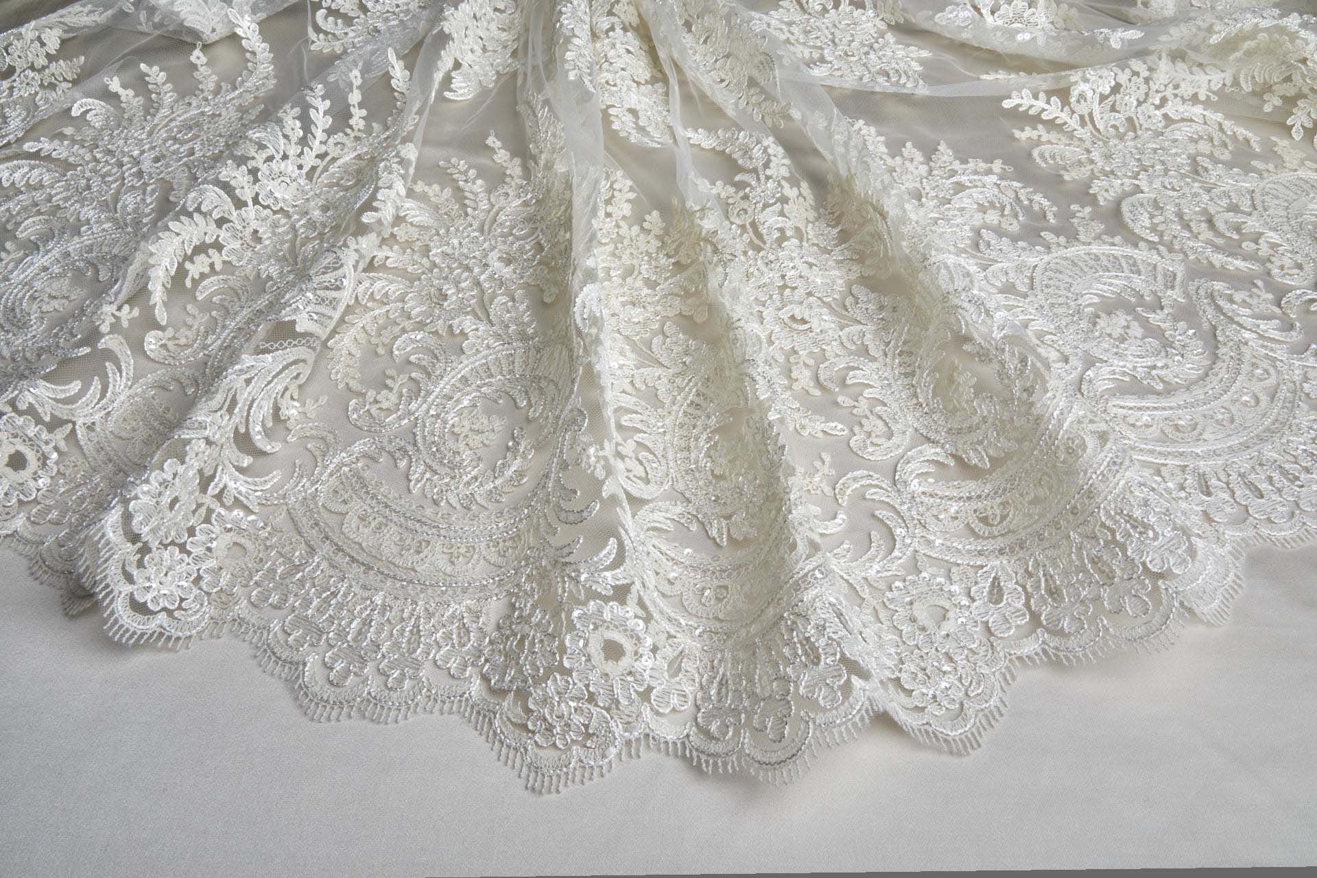 Corded Embroidered Tulle w/Sequins - Ecru - Double Scallop fabric, image 4 of 14