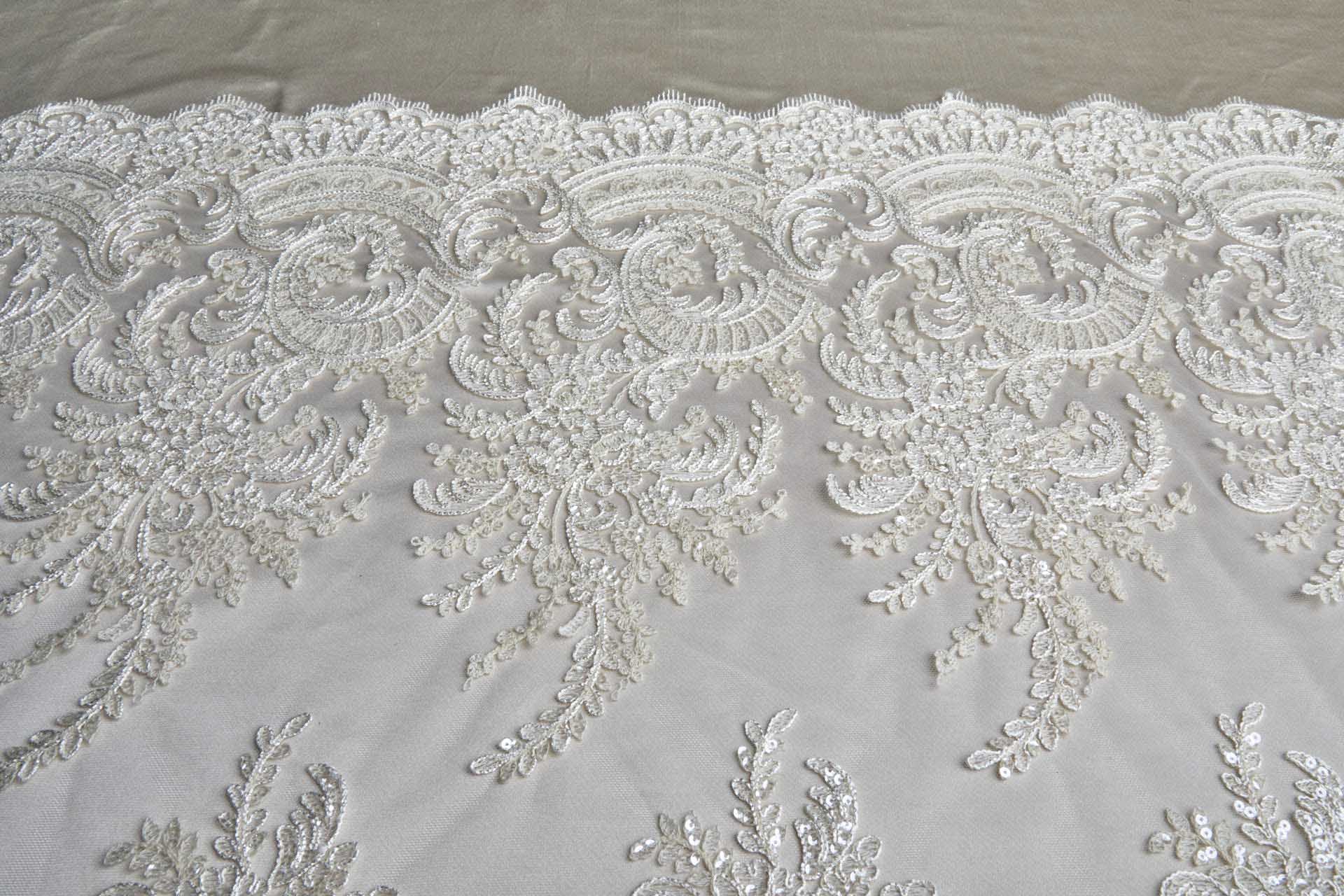 Corded Embroidered Tulle w/Sequins - Ecru - Double Scallop fabric, image 5 of 14