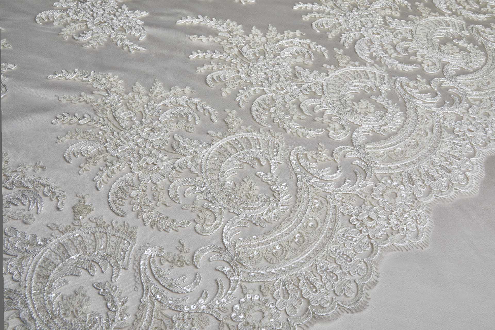 Corded Embroidered Tulle w/Sequins - Ecru - Double Scallop fabric, image 6 of 14