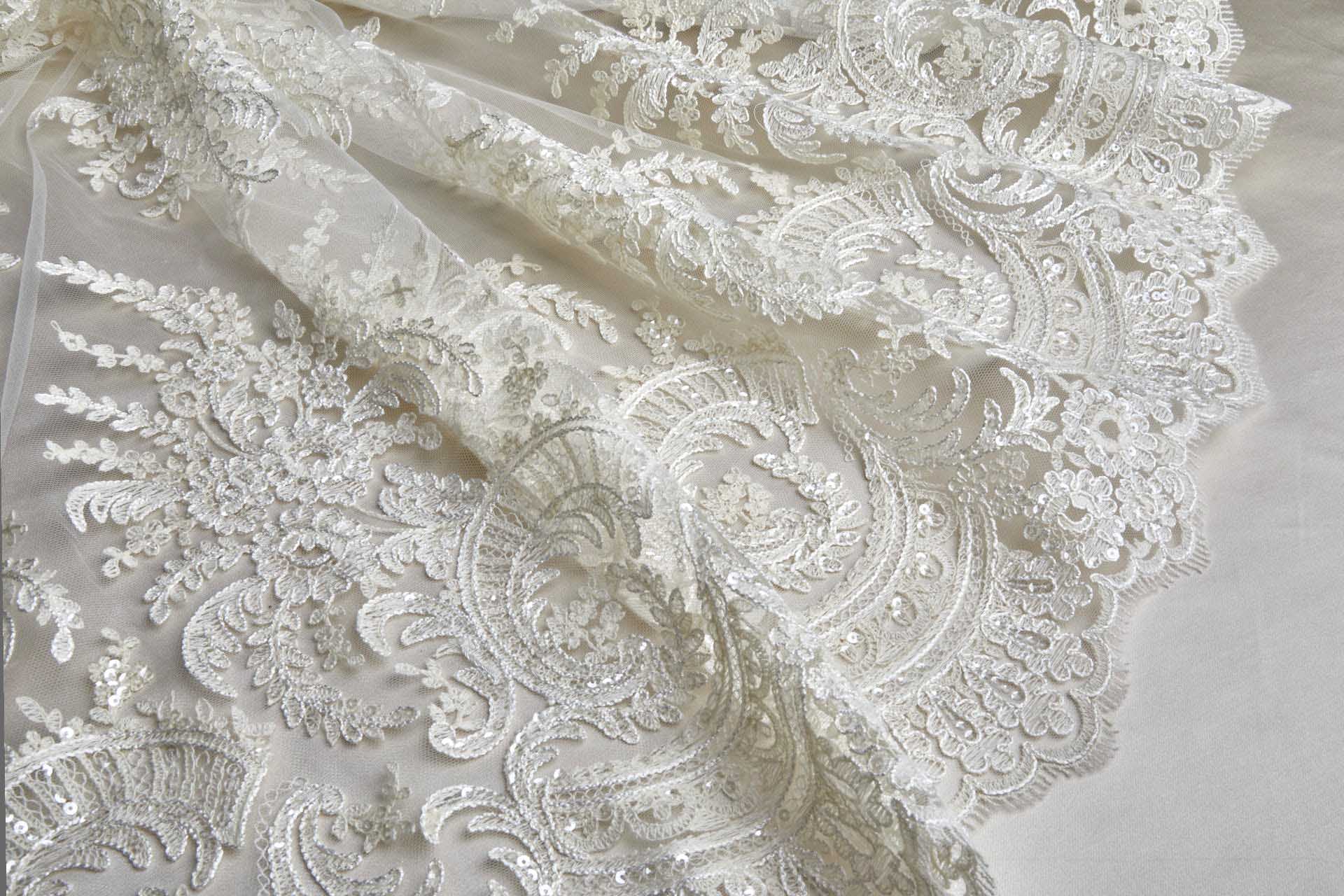 Corded Embroidered Tulle w/Sequins - Ecru - Double Scallop fabric