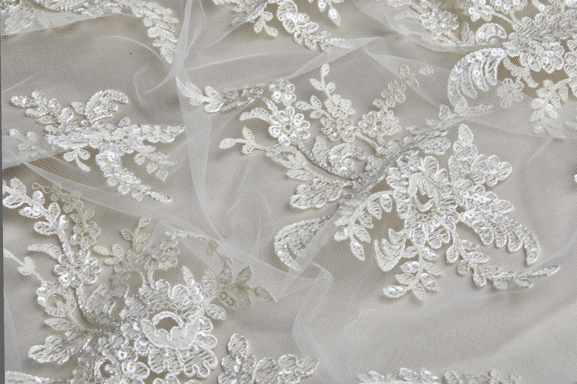 Corded Embroidered Tulle w/Sequins - Ecru - Double Scallop fabric, image 7 of 14