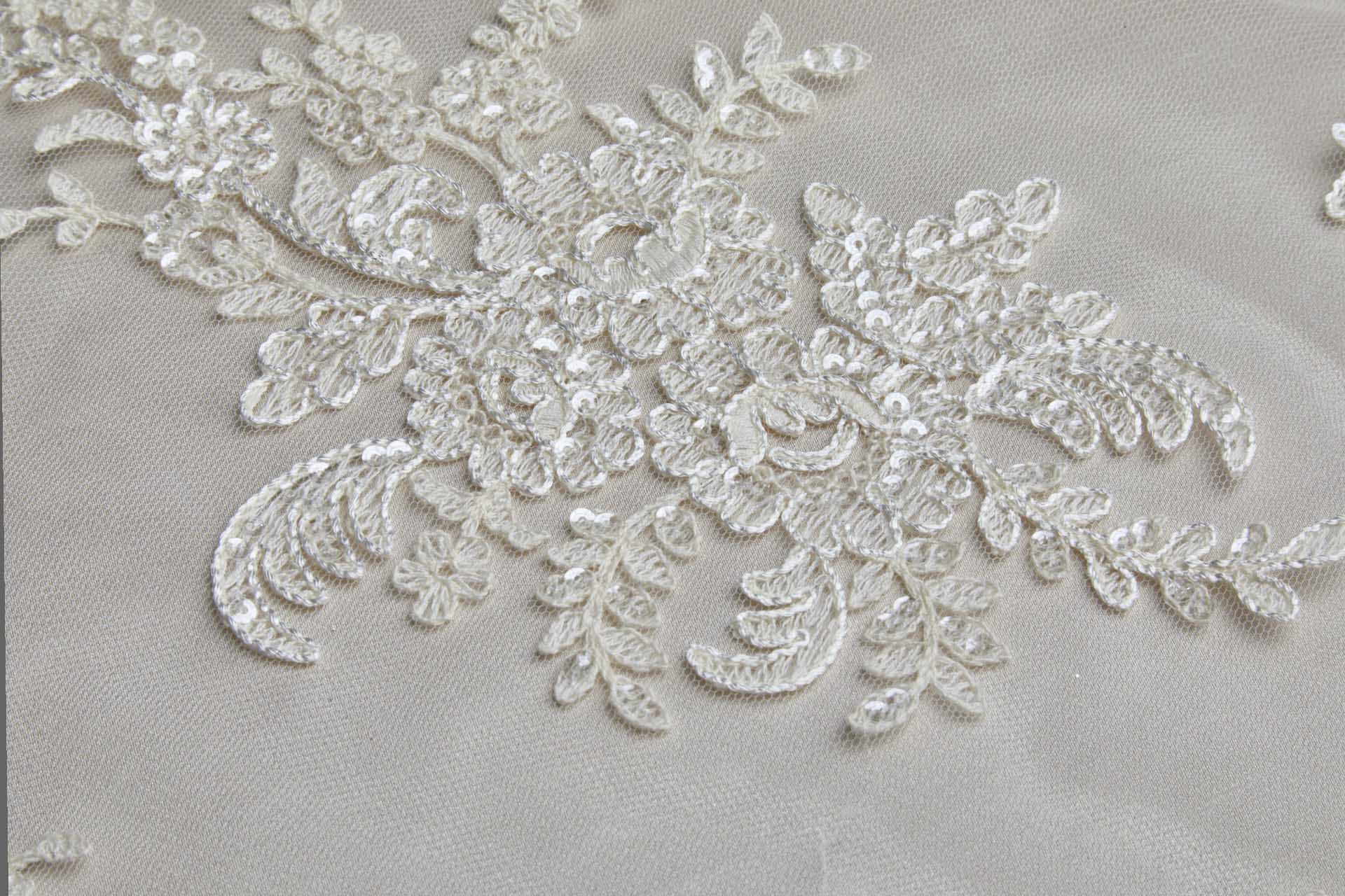 Corded Embroidered Tulle w/Sequins - Ecru - Double Scallop fabric, image 8 of 14