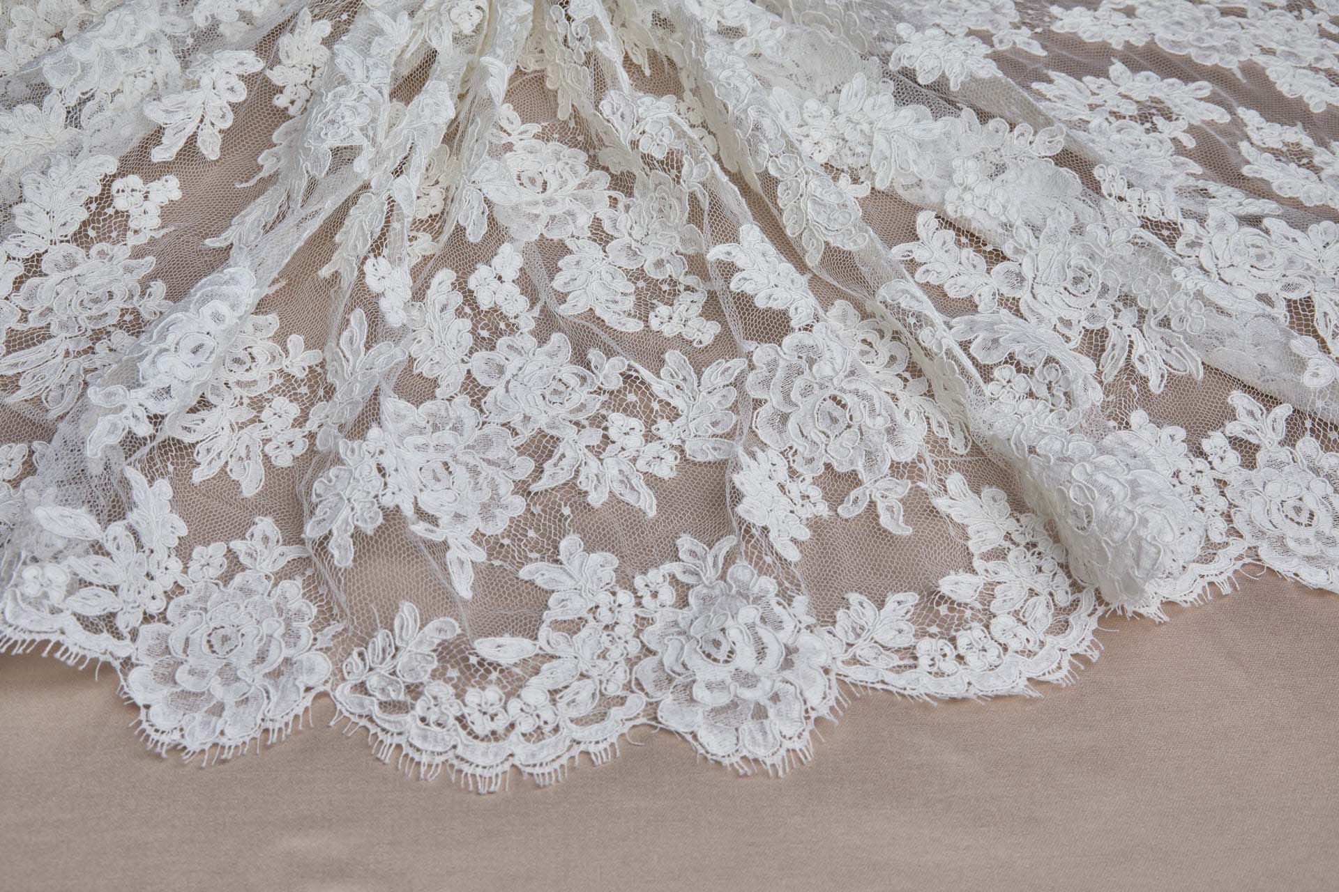 Corded Floral Lace - Ivory - Double Scallop fabric, image 9 of 11