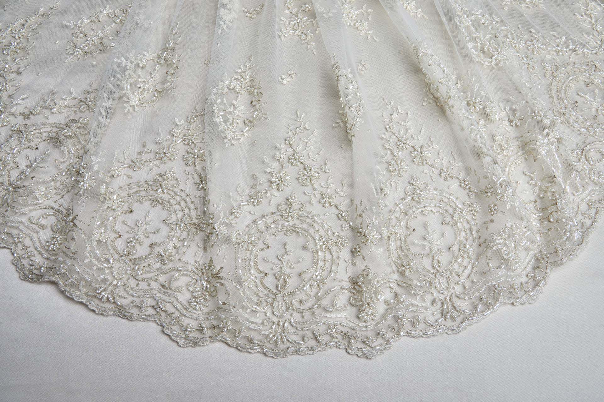 Beaded Embroidered Tulle - Gold / Ivory - Single Scallop fabric