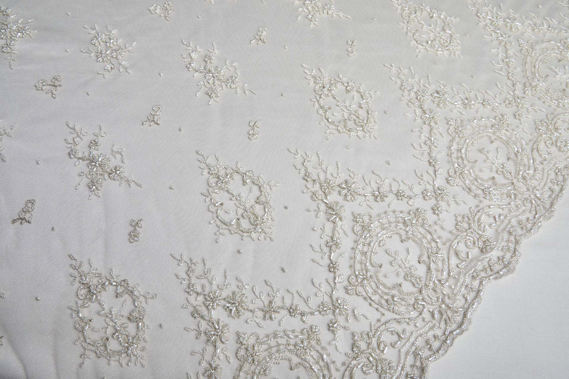 Beaded Embroidered Tulle - Gold / Ivory - Single Scallop fabric, image 3 of 13