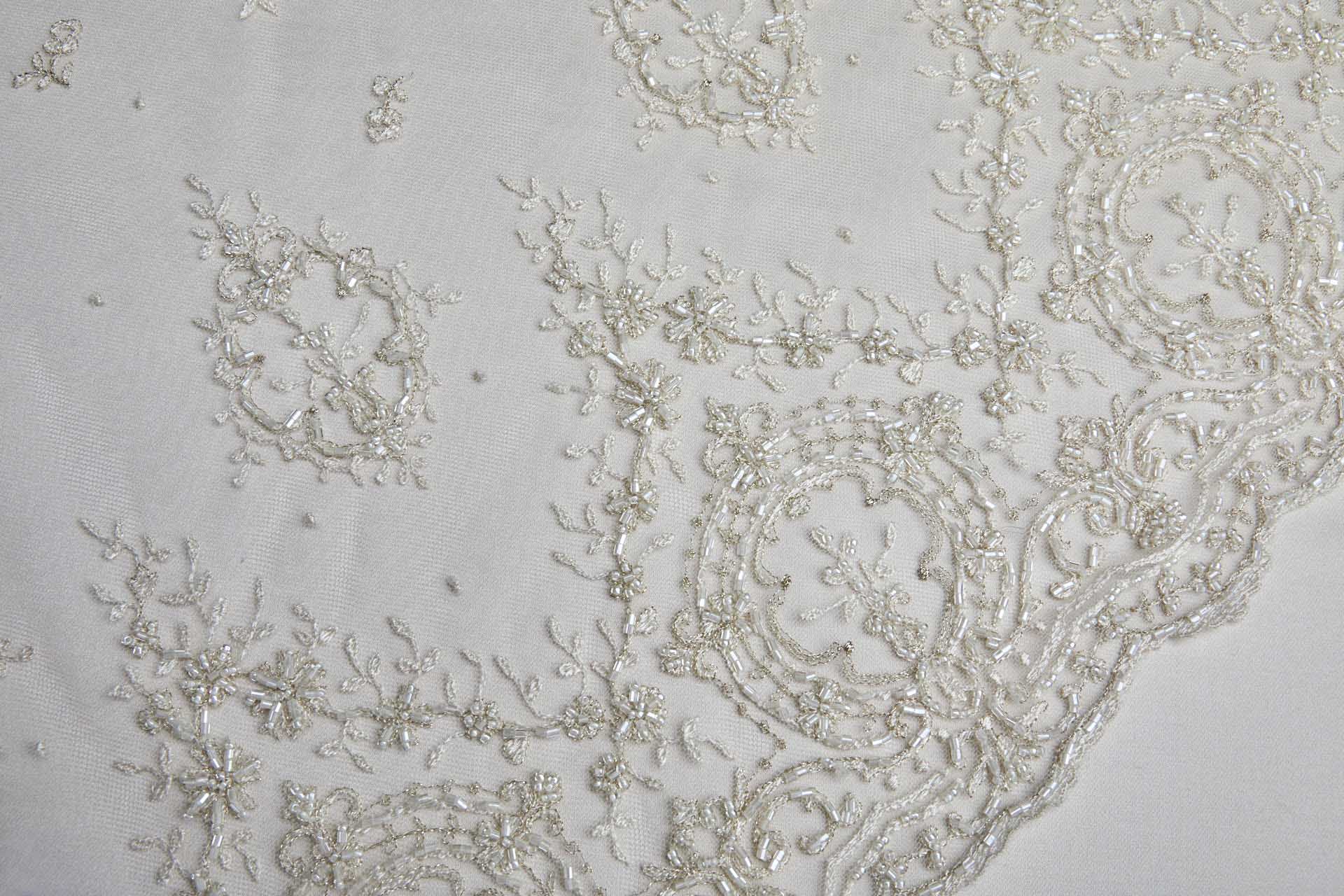 Beaded Embroidered Tulle - Gold / Ivory - Single Scallop fabric, image 4 of 13