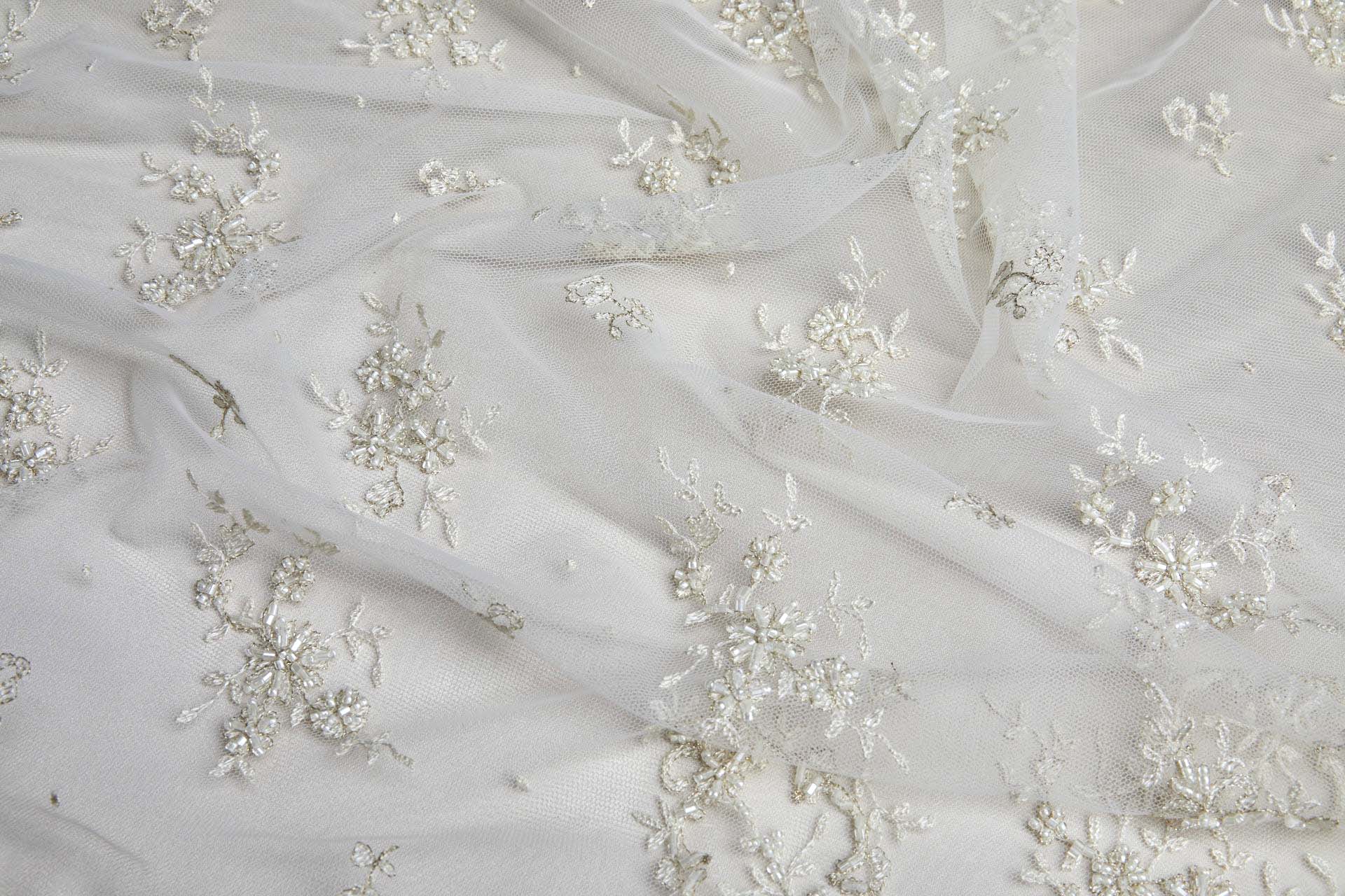 Beaded Embroidered Tulle - Gold / Ivory - Single Scallop fabric, image 6 of 13