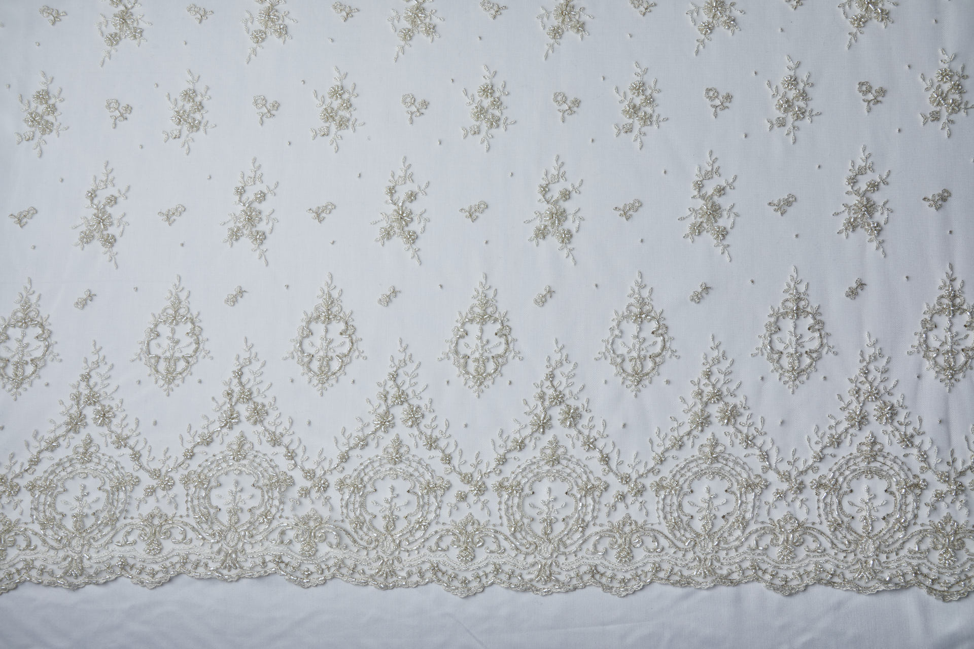 Beaded Embroidered Tulle - Gold / Ivory - Single Scallop fabric, image 7 of 13