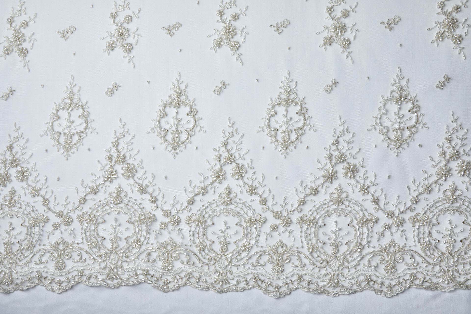 Beaded Embroidered Tulle - Gold / Ivory - Single Scallop fabric, image 8 of 13