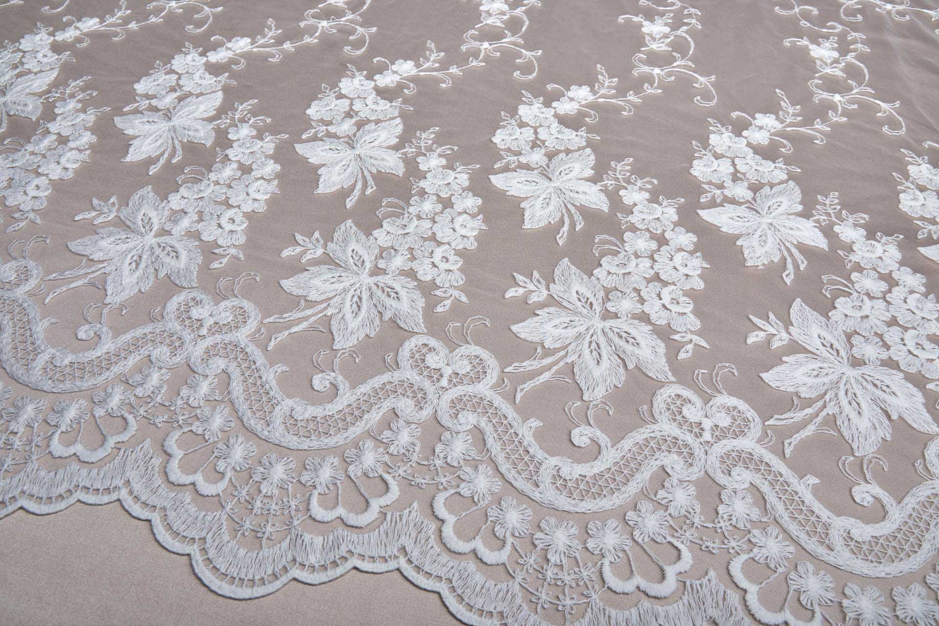 Ivory Cotton Embroidery on Ivory Tulle fabric, image 2 of 17