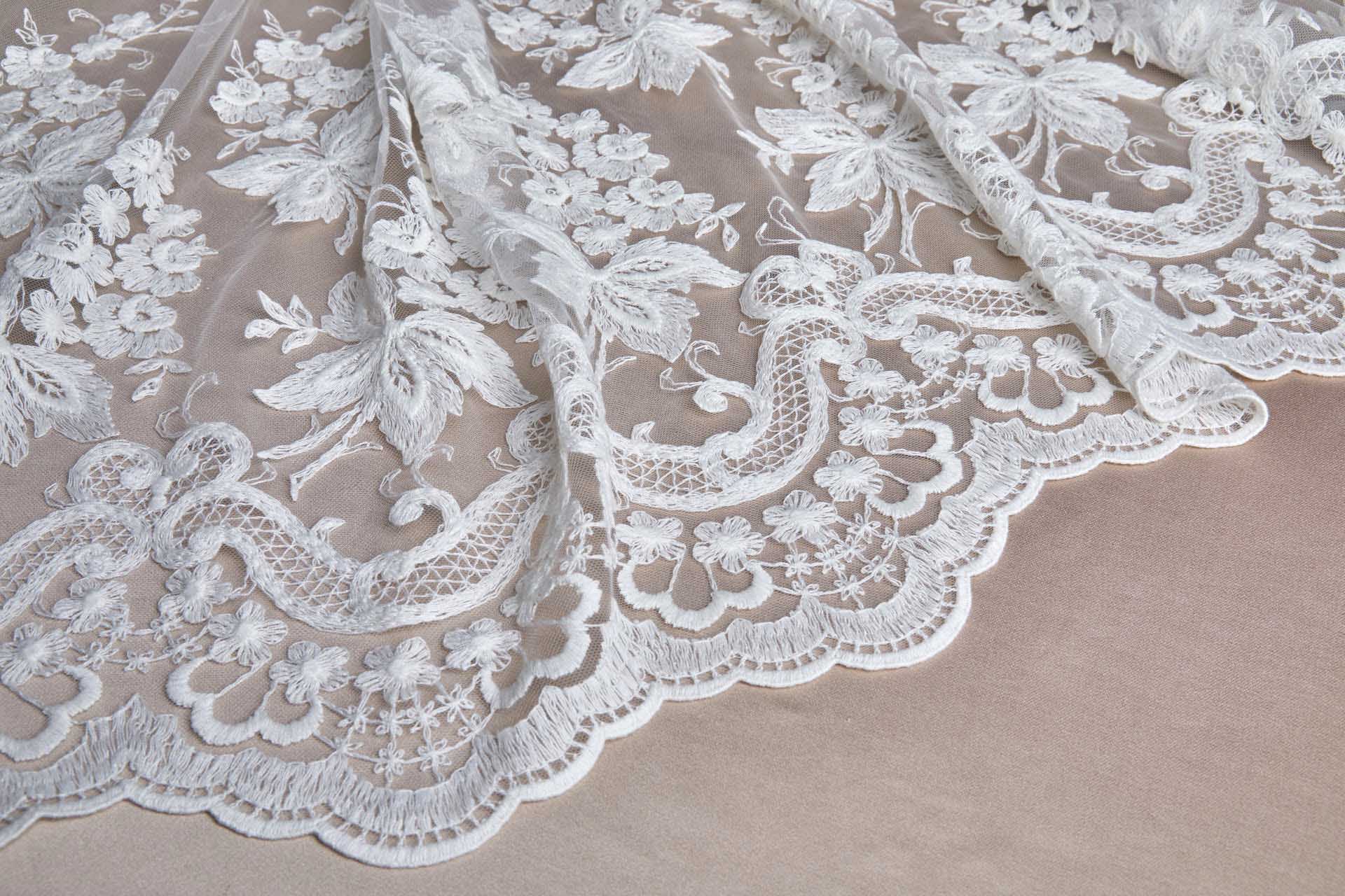 Ivory Cotton Embroidery on Ivory Tulle fabric