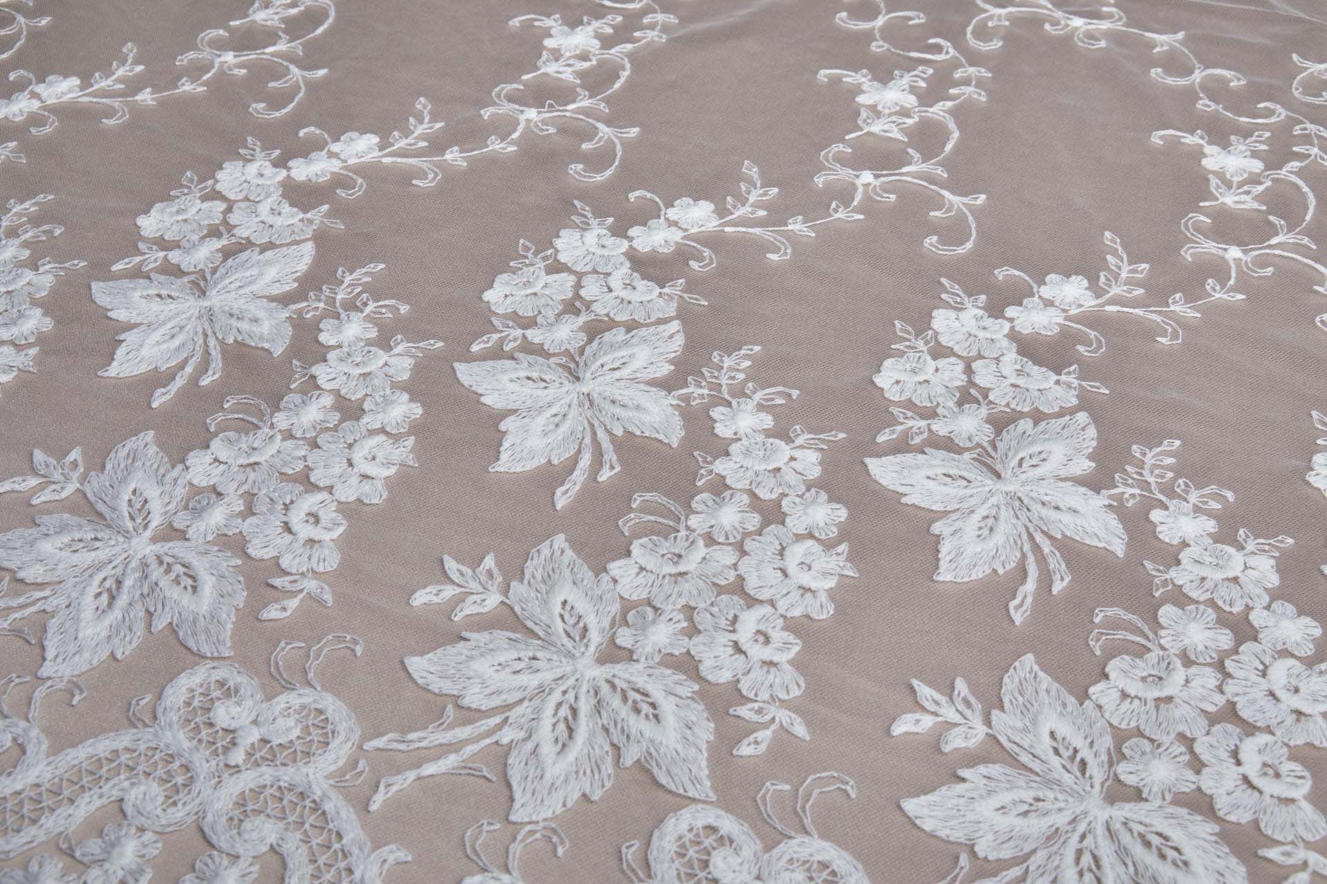 Ivory Cotton Embroidery on Ivory Tulle fabric, image 3 of 17
