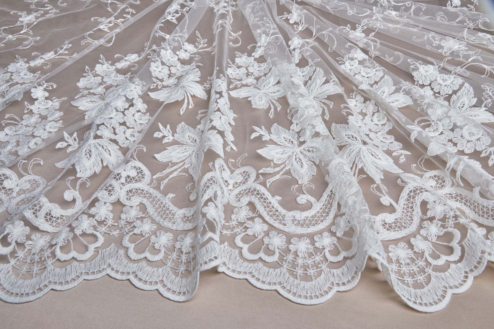 Ivory Cotton Embroidery on Ivory Tulle fabric, image 4 of 17