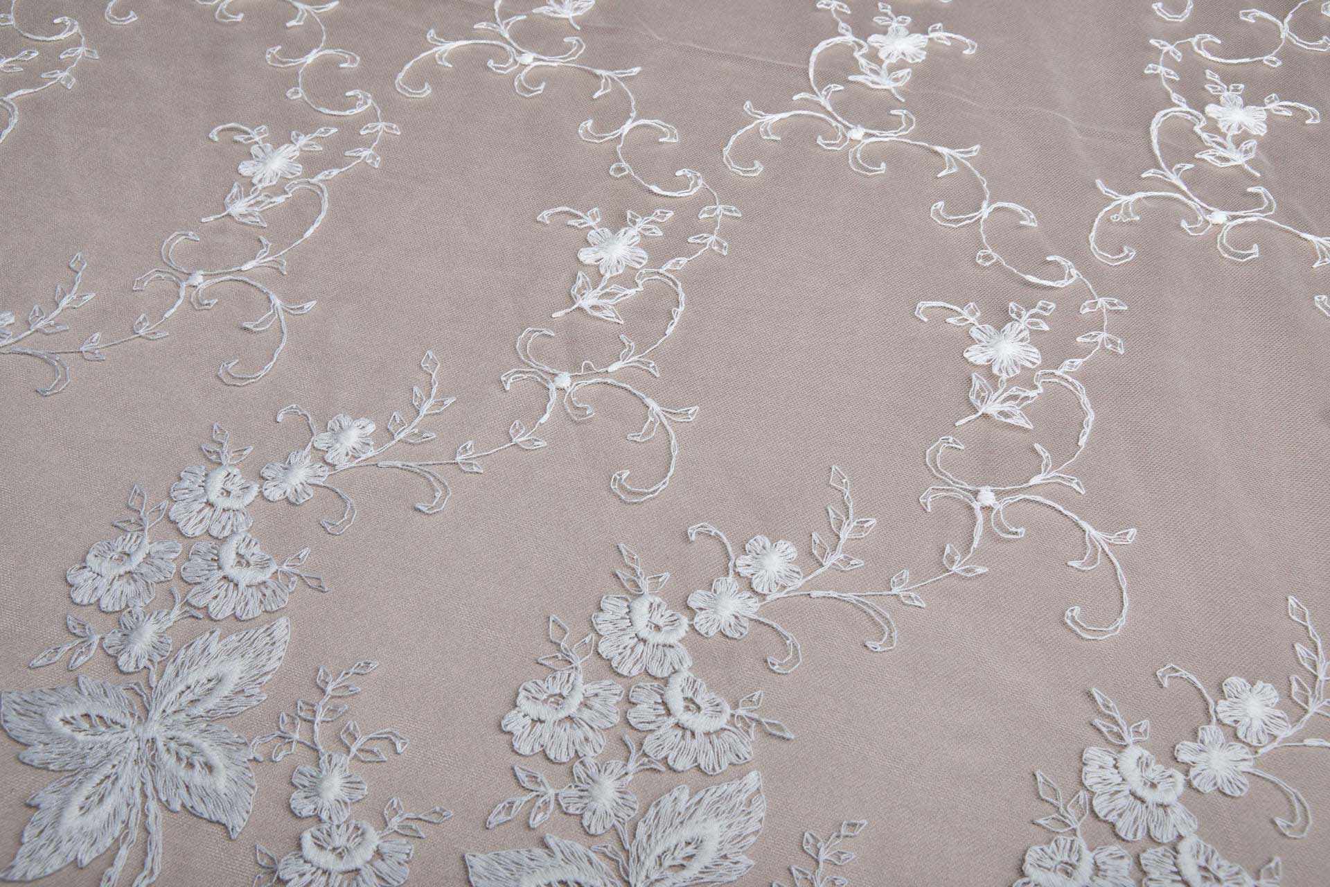 Ivory Cotton Embroidery on Ivory Tulle fabric, image 5 of 17