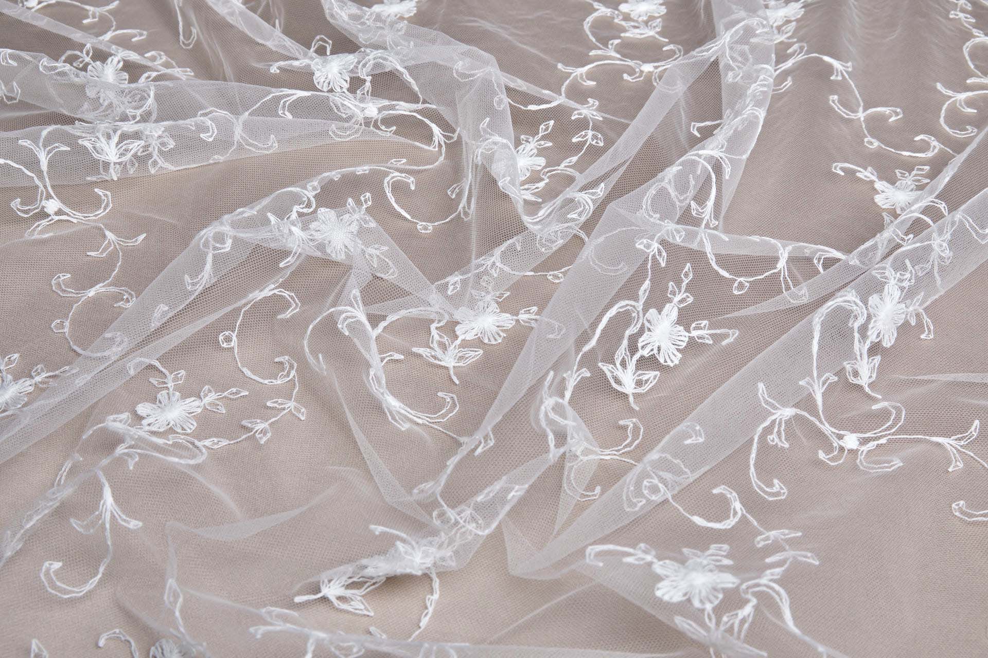 Ivory Cotton Embroidery on Ivory Tulle fabric, image 6 of 17