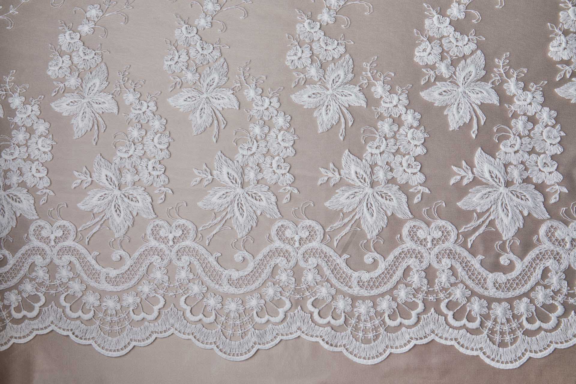 Ivory Cotton Embroidery on Ivory Tulle fabric, image 9 of 17
