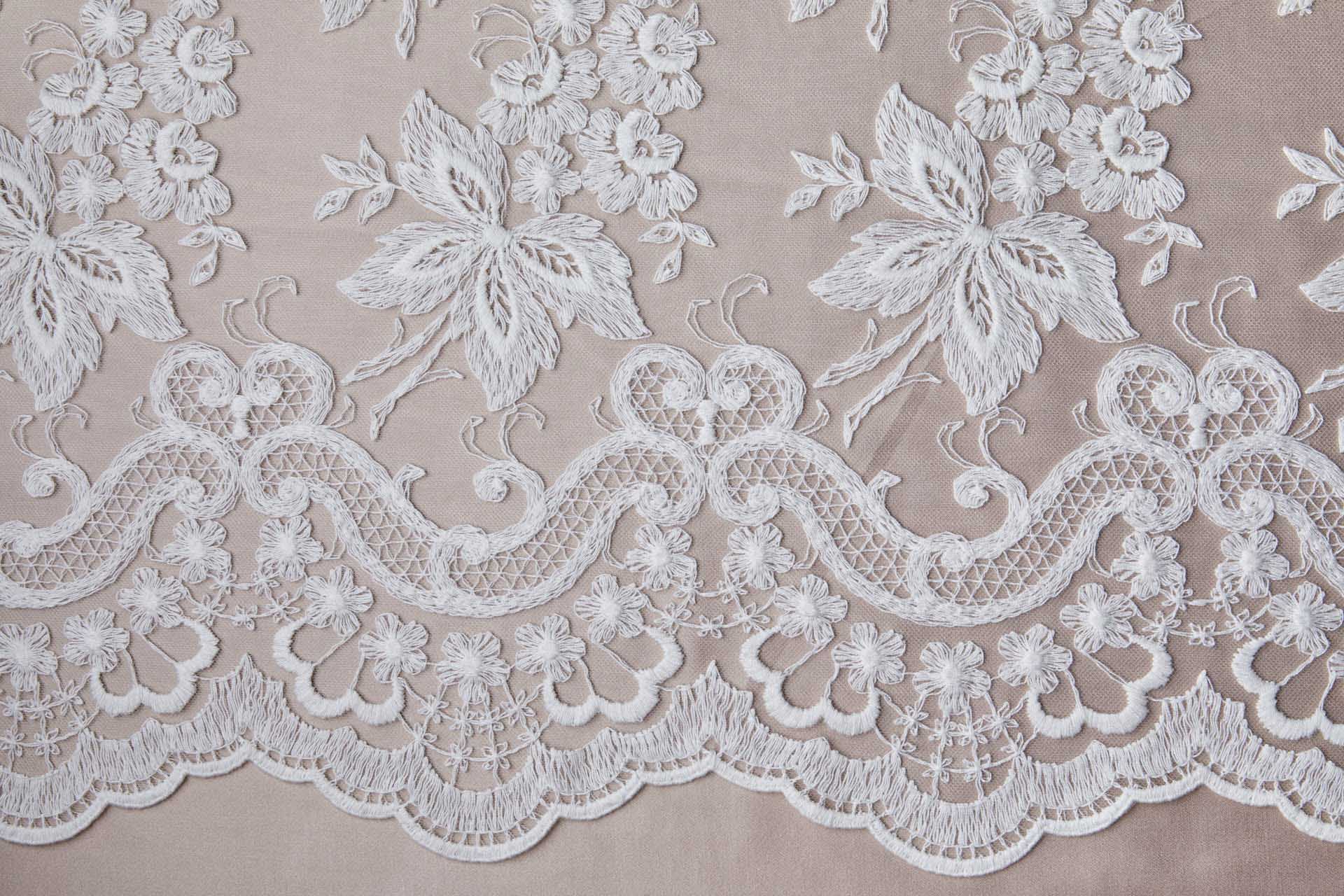 Ivory Cotton Embroidery on Ivory Tulle fabric, image 10 of 17