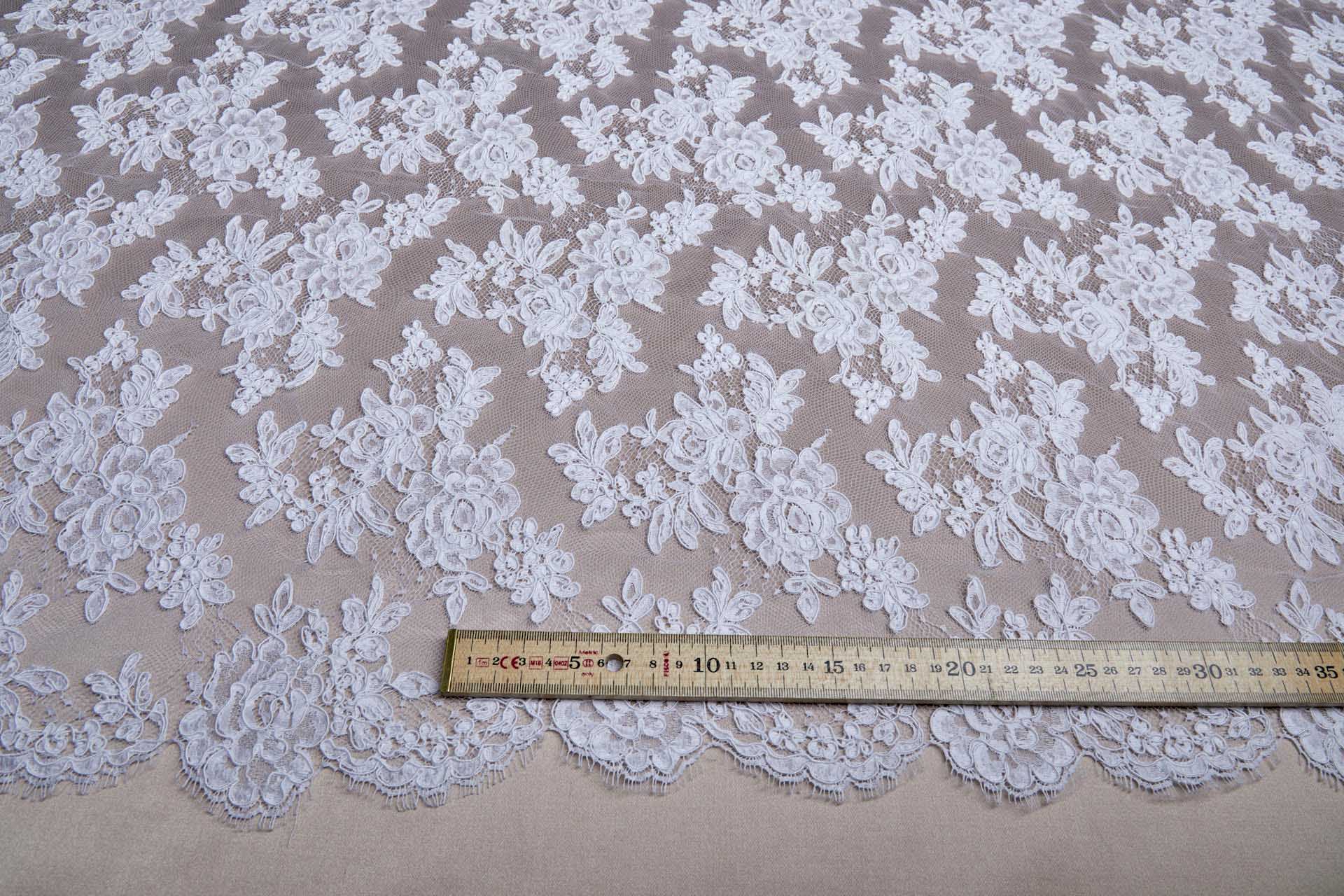 Corded Floral Lace - White - Double Scallop fabric, image 2 of 14