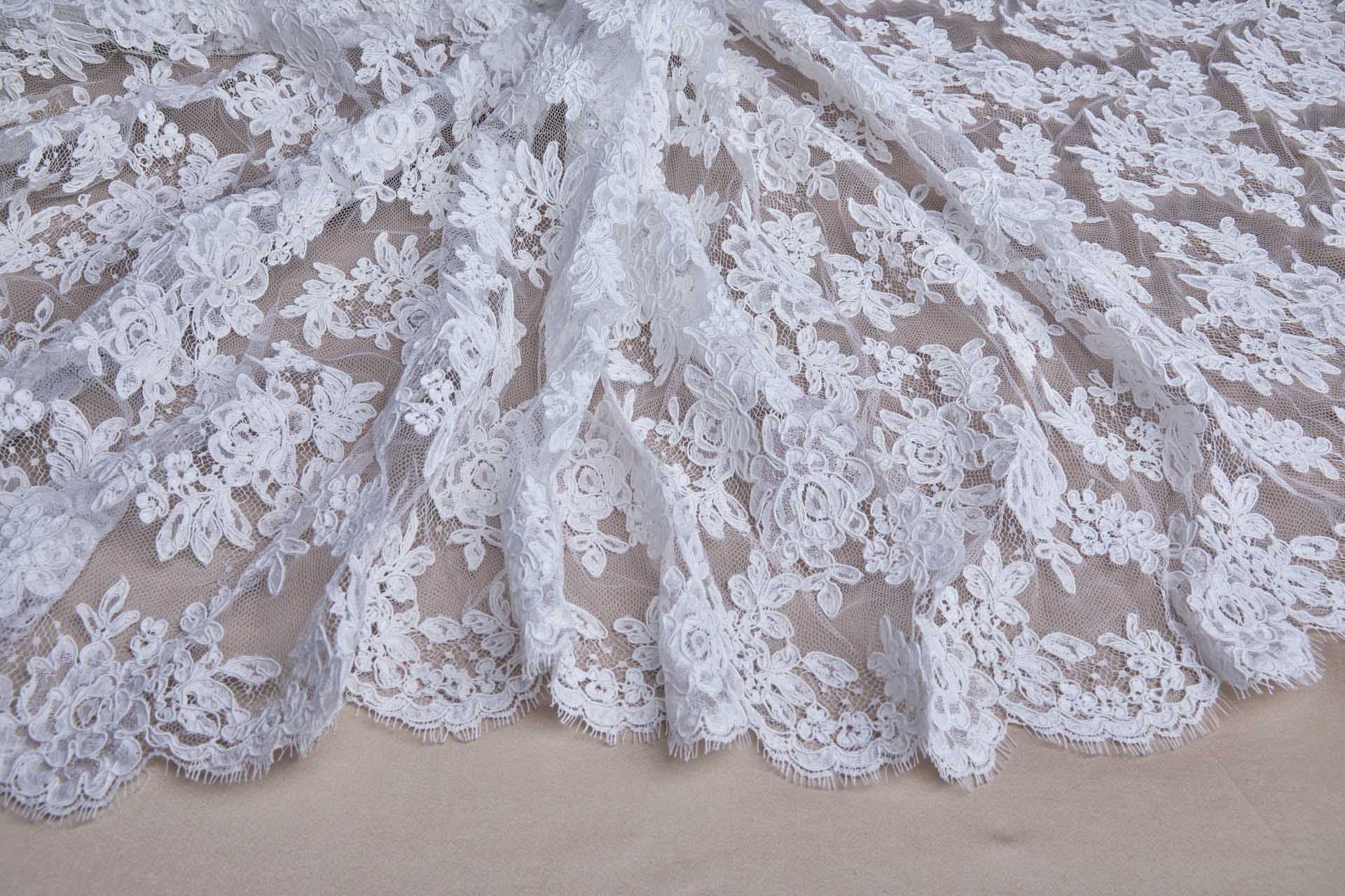 Corded Floral Lace - White - Double Scallop fabric, image 11 of 14