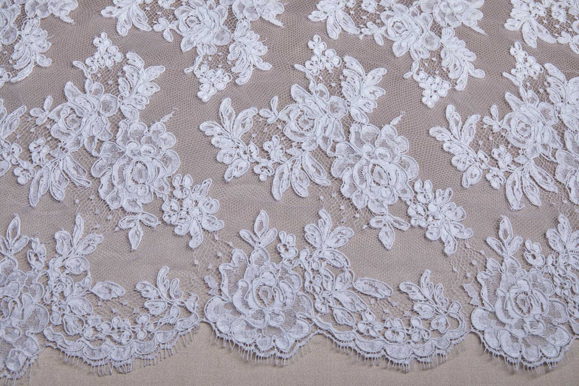 Corded Floral Lace - White - Double Scallop fabric, image 3 of 14