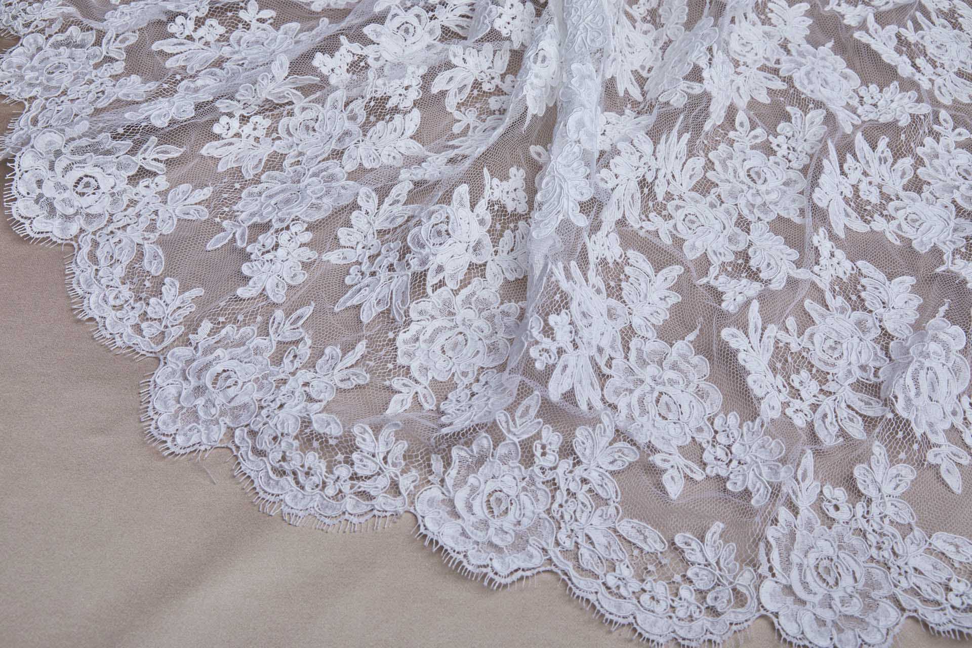 Corded Floral Lace - White - Double Scallop fabric, image 7 of 14