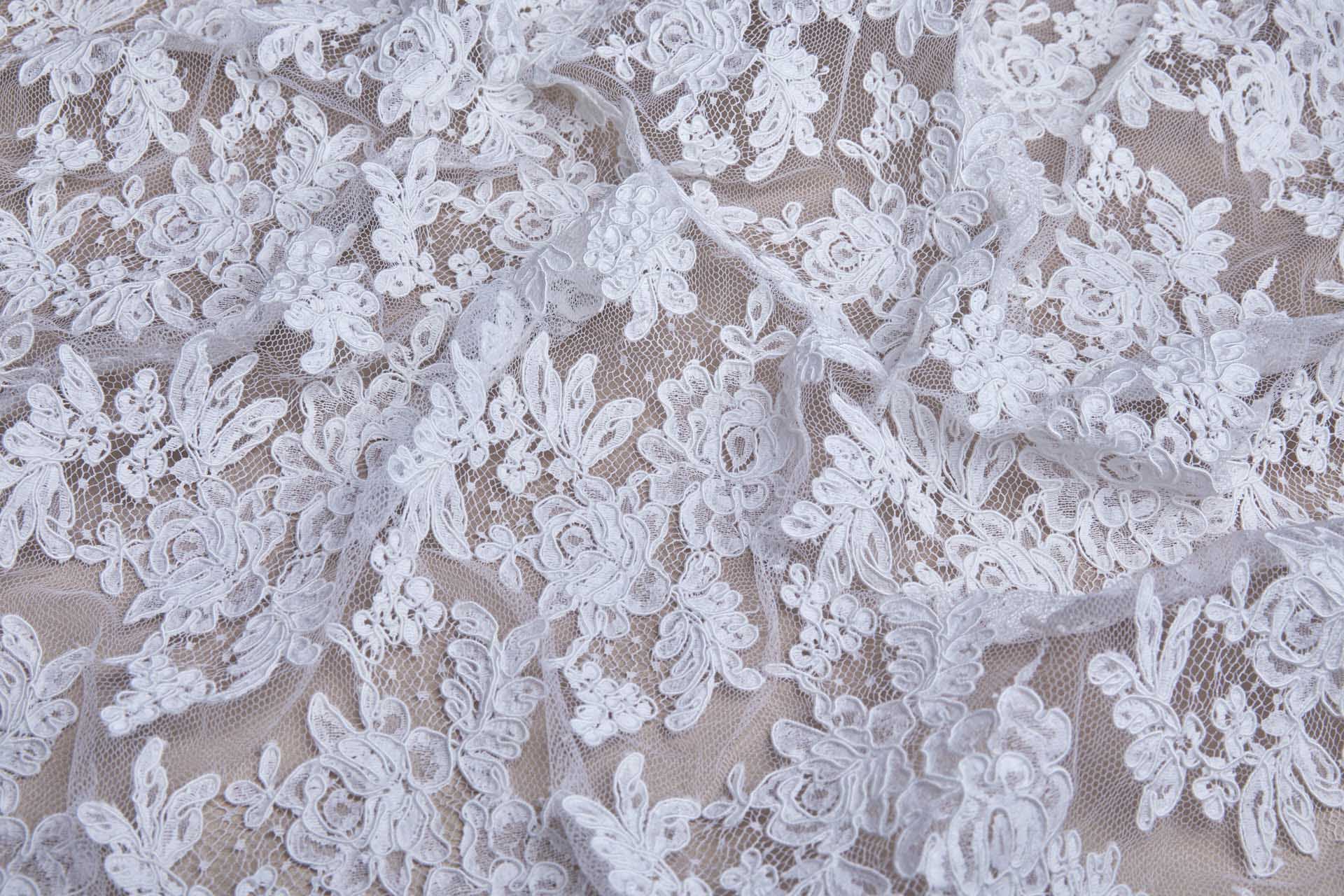 Corded Floral Lace - White - Double Scallop fabric, image 8 of 14