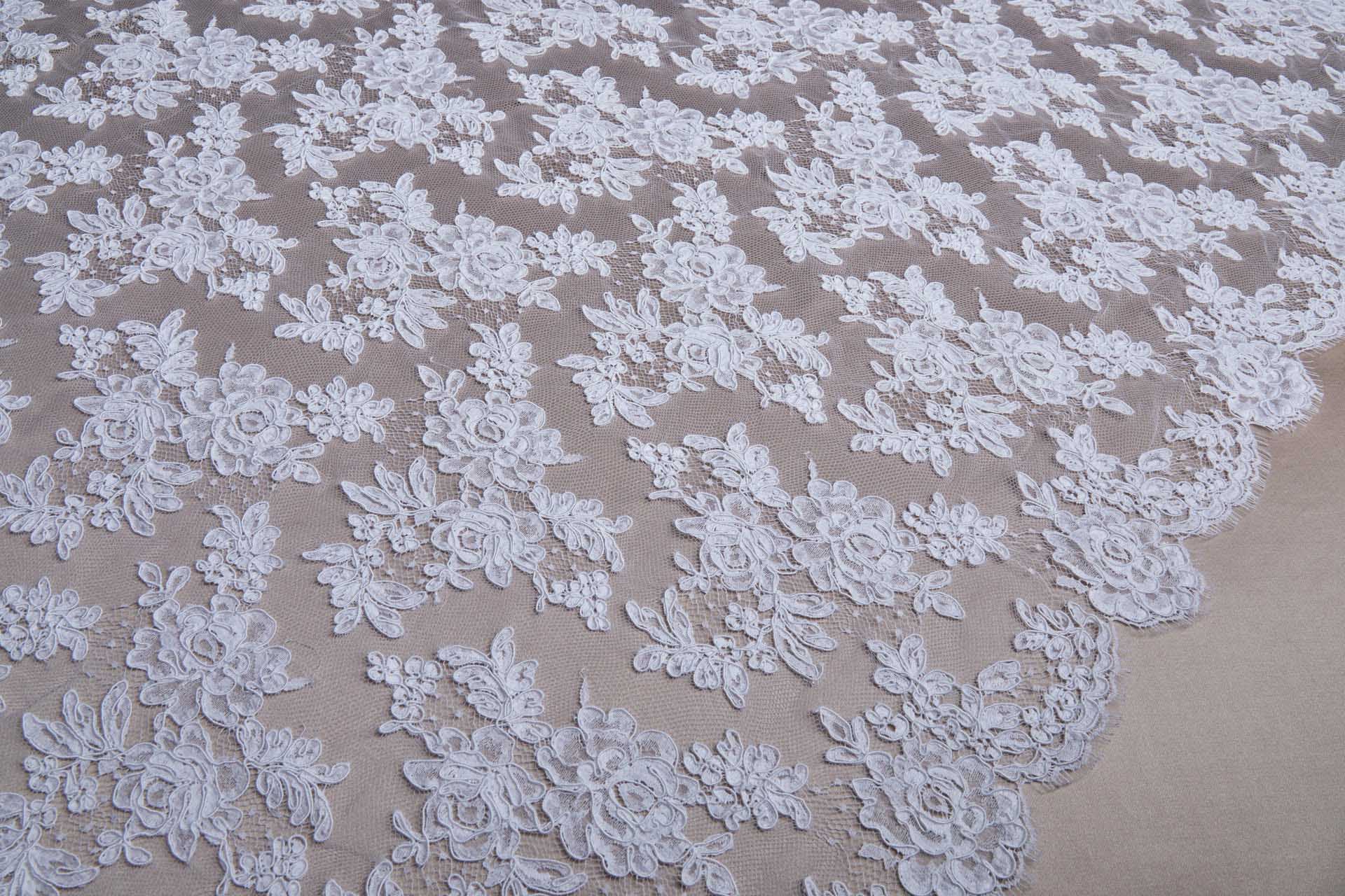 Corded Floral Lace - White - Double Scallop fabric, image 9 of 14