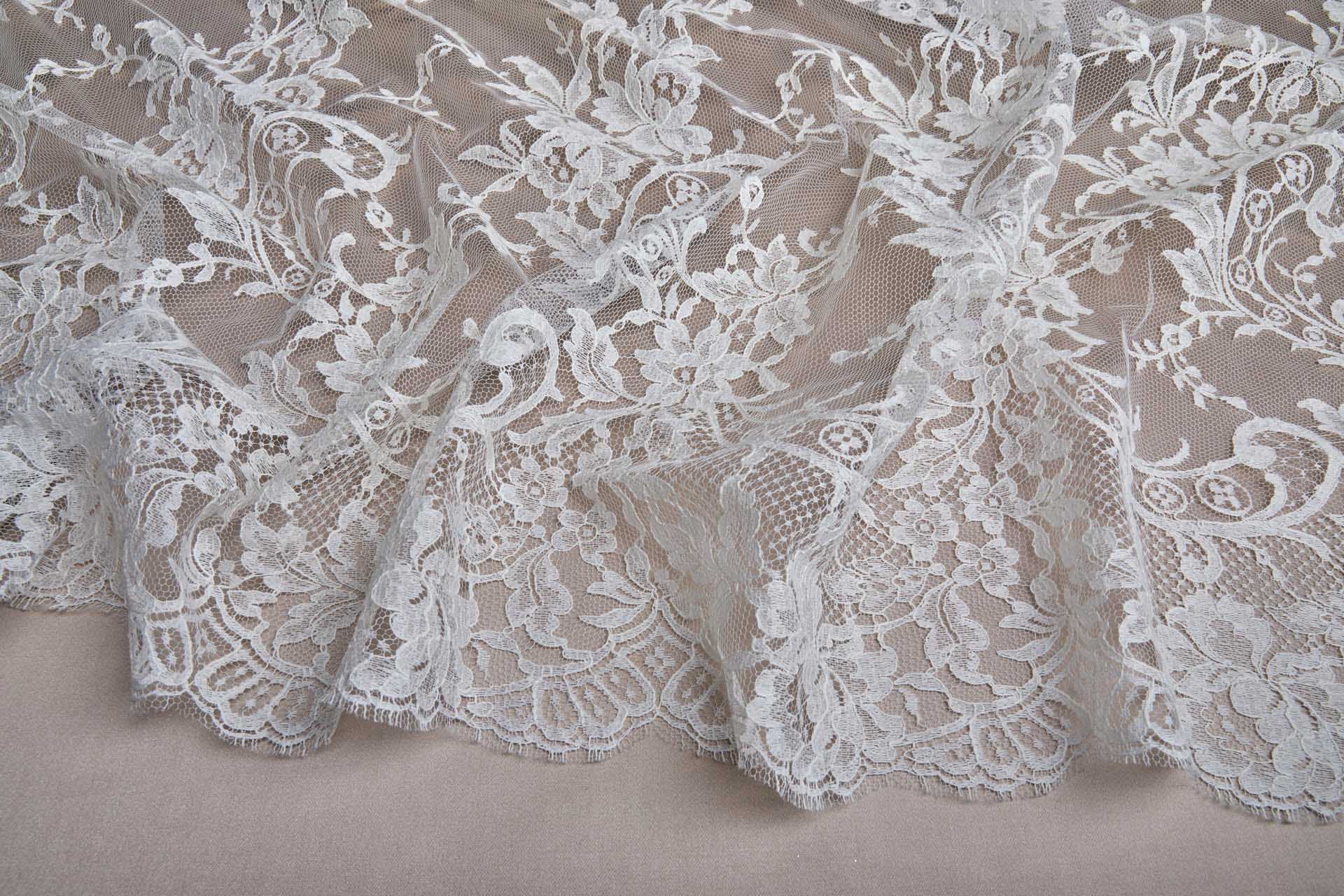 Scroll Border Leavers Lace - Cream Double Scallop fabric, image 3 of 11