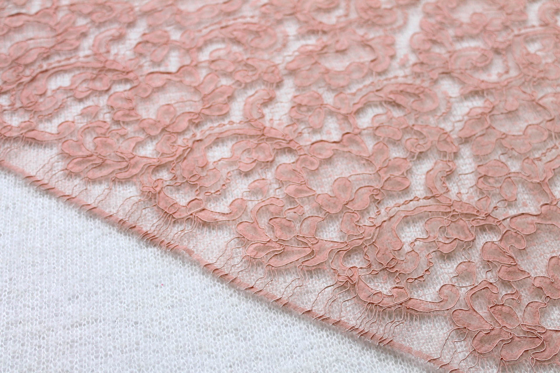 Salmon Pink Corded Leavers Lace fabric, image 2 of 5