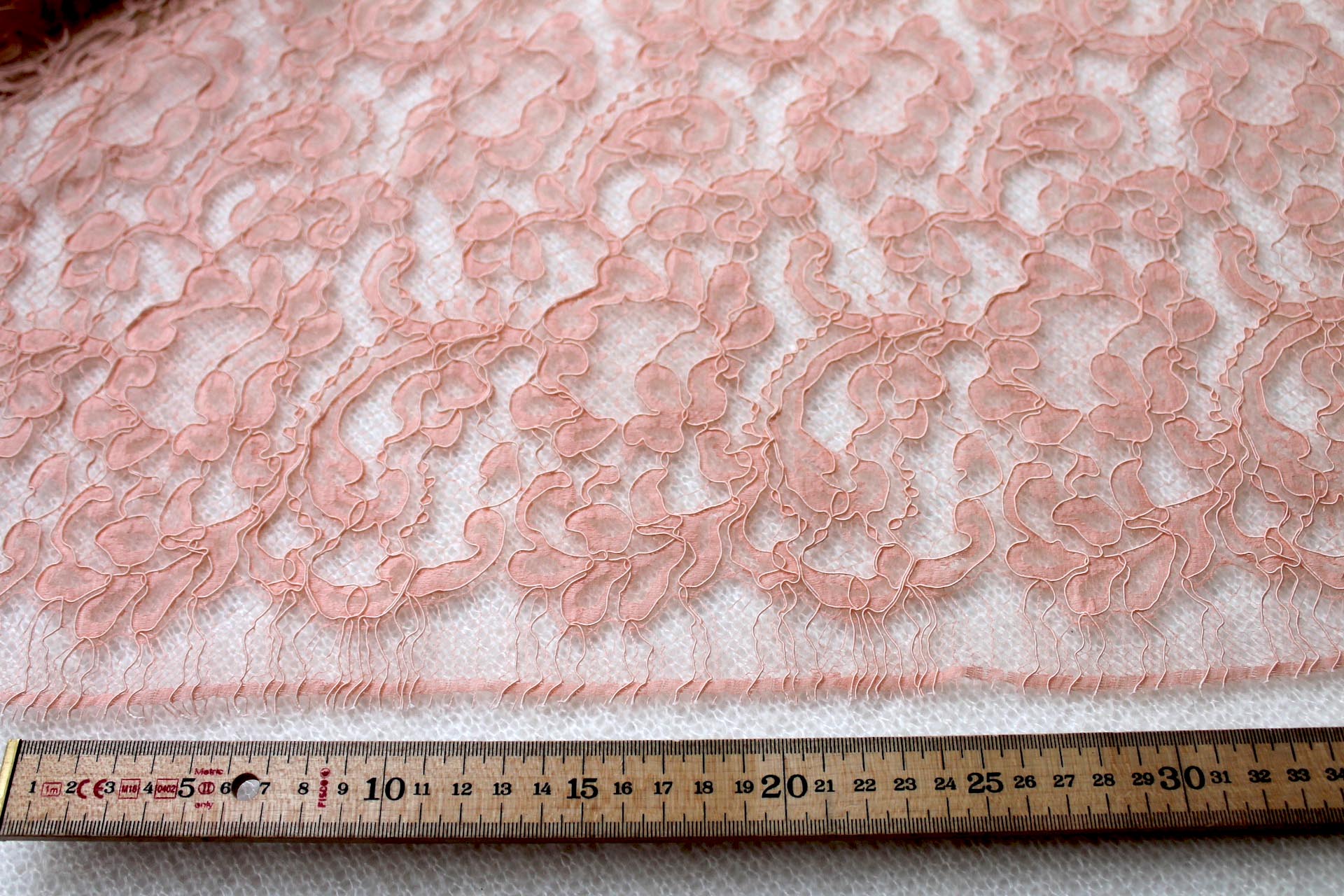 Salmon Pink Corded Leavers Lace fabric, image 3 of 5