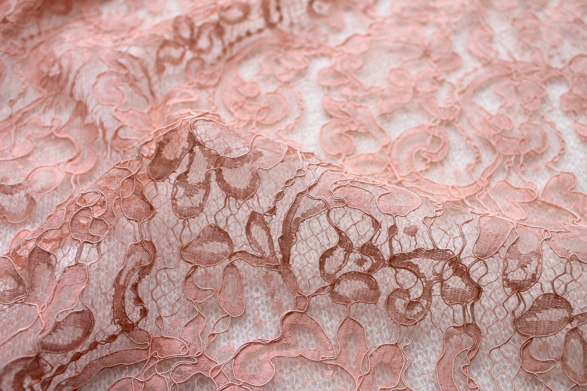 Salmon Pink Corded Leavers Lace fabric, image 4 of 5