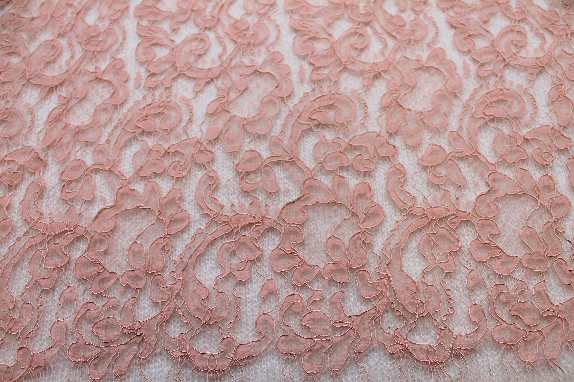 Salmon Pink Corded Leavers Lace fabric, image 5 of 5
