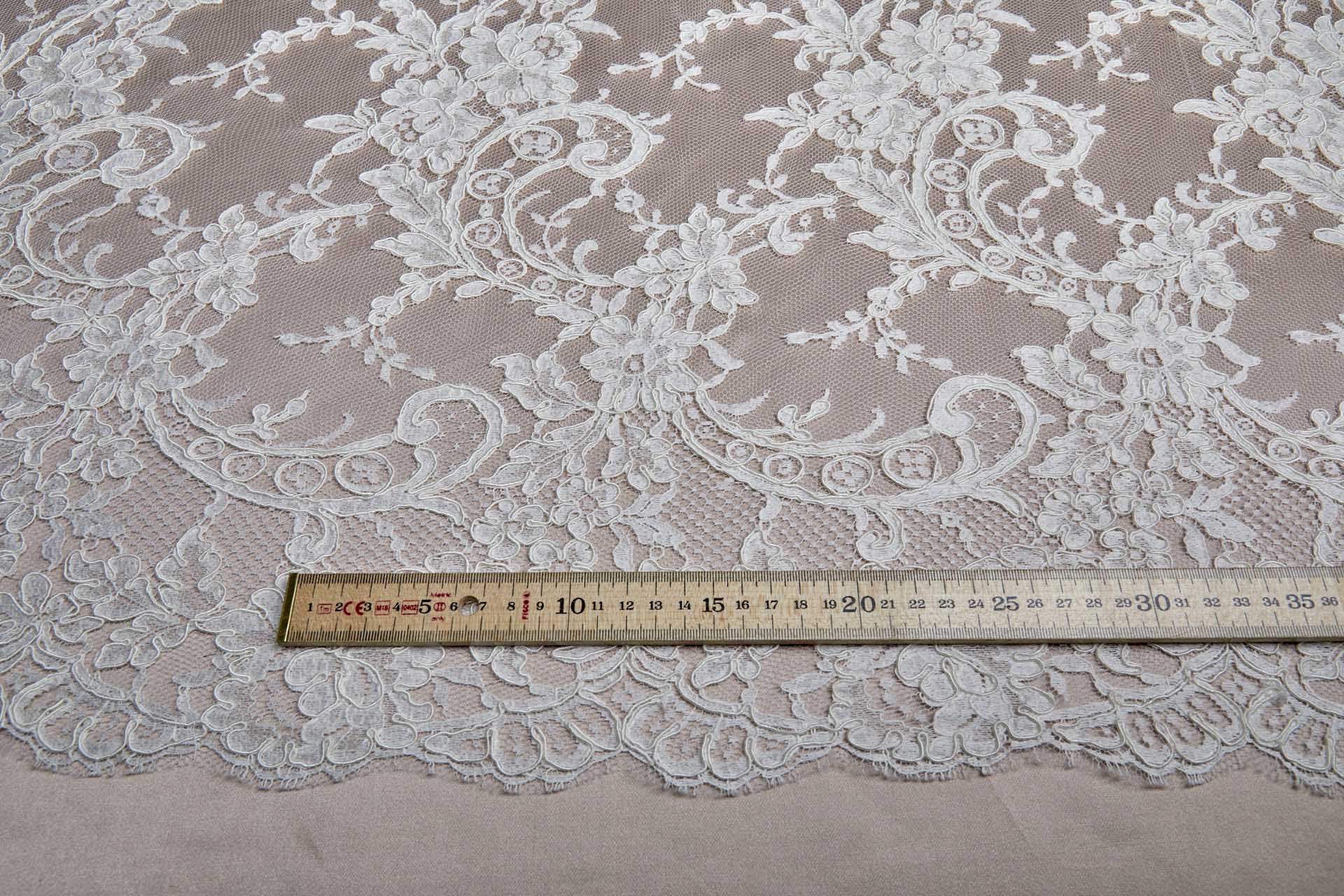 Corded Leavers Lace - Scroll Border - Ivory Double Scallop fabric, image 2 of 16
