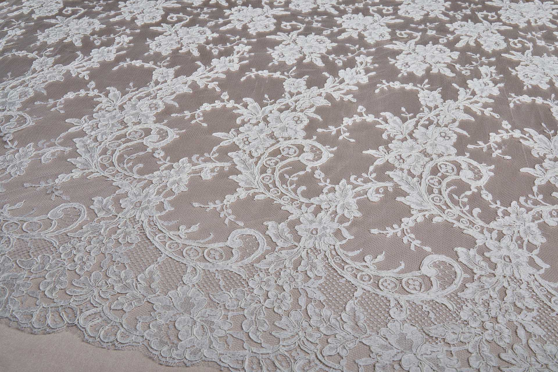 Corded Leavers Lace - Scroll Border - Ivory Double Scallop fabric, image 3 of 16