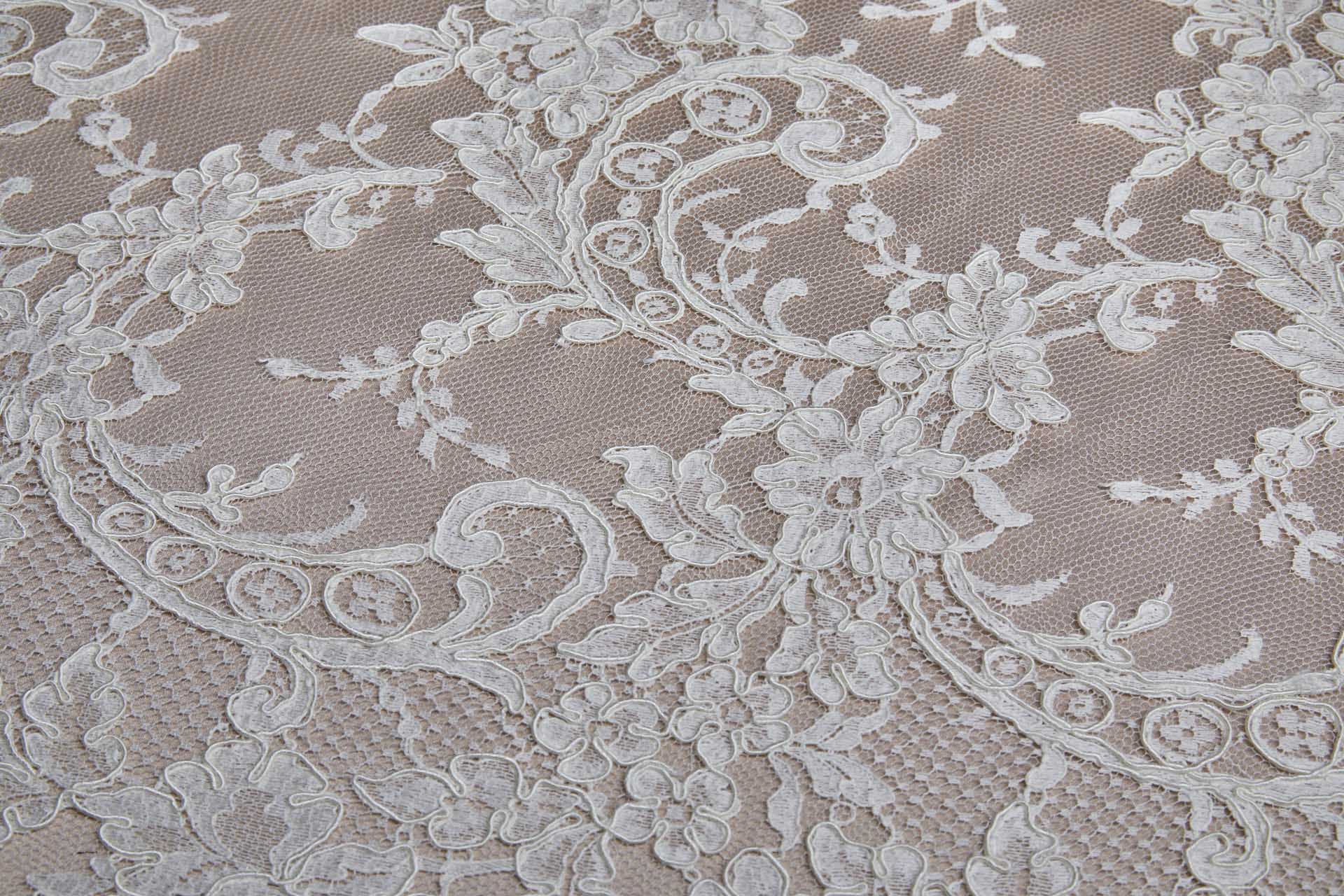 Corded Leavers Lace - Scroll Border - Ivory Double Scallop fabric, image 4 of 16