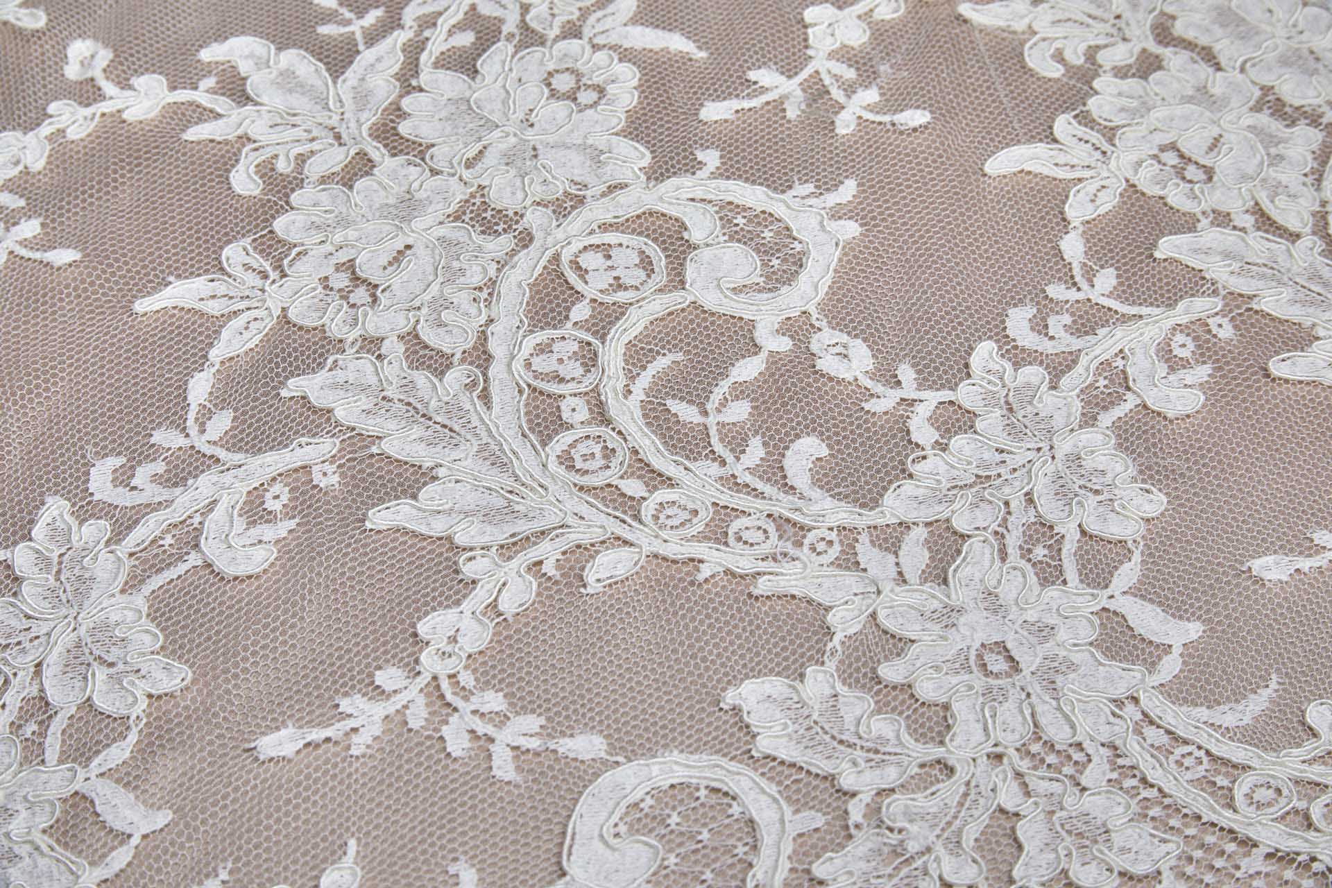 Corded Leavers Lace - Scroll Border - Ivory Double Scallop fabric, image 5 of 16