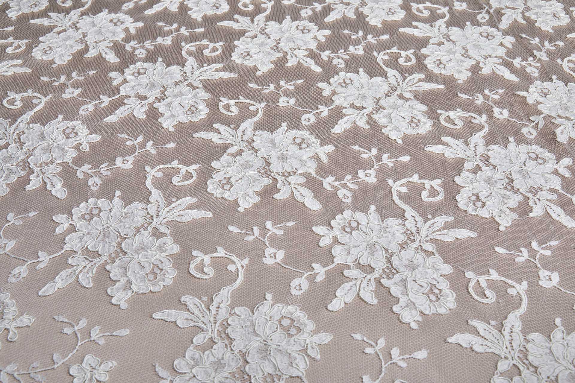 Corded Leavers Lace - Scroll Border - Ivory Double Scallop fabric, image 7 of 16